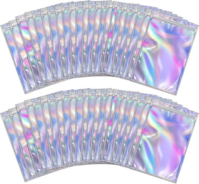 BQTQ 150 Pieces Foil Ziplock Bags Resealable Smell Proof Bags Flat Foil Pouch Metallic Bags for Party Favours Food Storage, Holographic Colour, 10x15cm