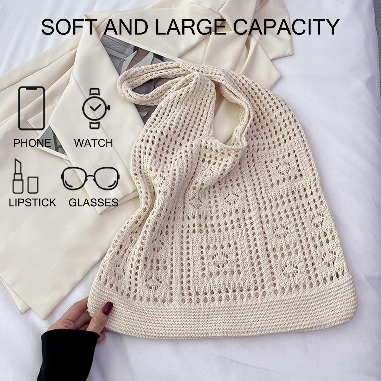 JSTHHTT Borsa a Tracolla Da Donna Lavorata A Maglia, Borsa Da Spiaggia, Borsa Tote in Rete Pieghevole, Casual Tote Large, Weave Handbag, per Lavoro, Viaggio, Vacanza