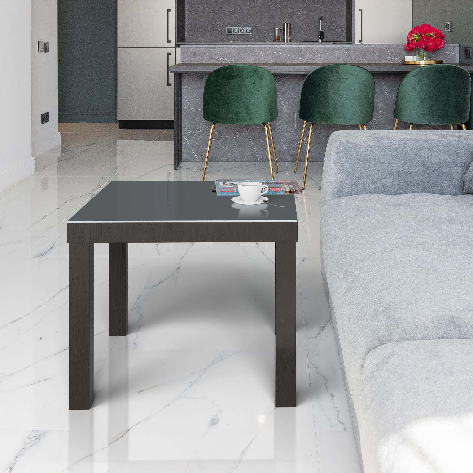 DEQORI Glazen tafel, zwart, klein, 55 x 55 cm, motief vierkante tegels, opvallende bijzettafel van glas, hoogglans, salontafel voor de woonkamer, moderne banktafel met design