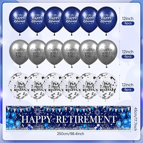 Miniatura 7 de Letrero grande de feliz jubilación azul marino plateado con 18 globos de jubilación para hombres y mujeres, fiesta de jubilación, cabina de fotos,