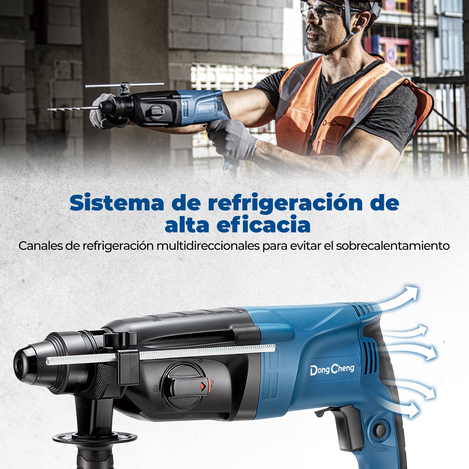 DongCheng martillo perforador 800W, energía de impacto 2.8 J, velocidad de ralentí 0-1200U/min, con 4 brocas SDS plus, 26 mm, taladro 4 en 1, martillo de demolición, mango antivibración