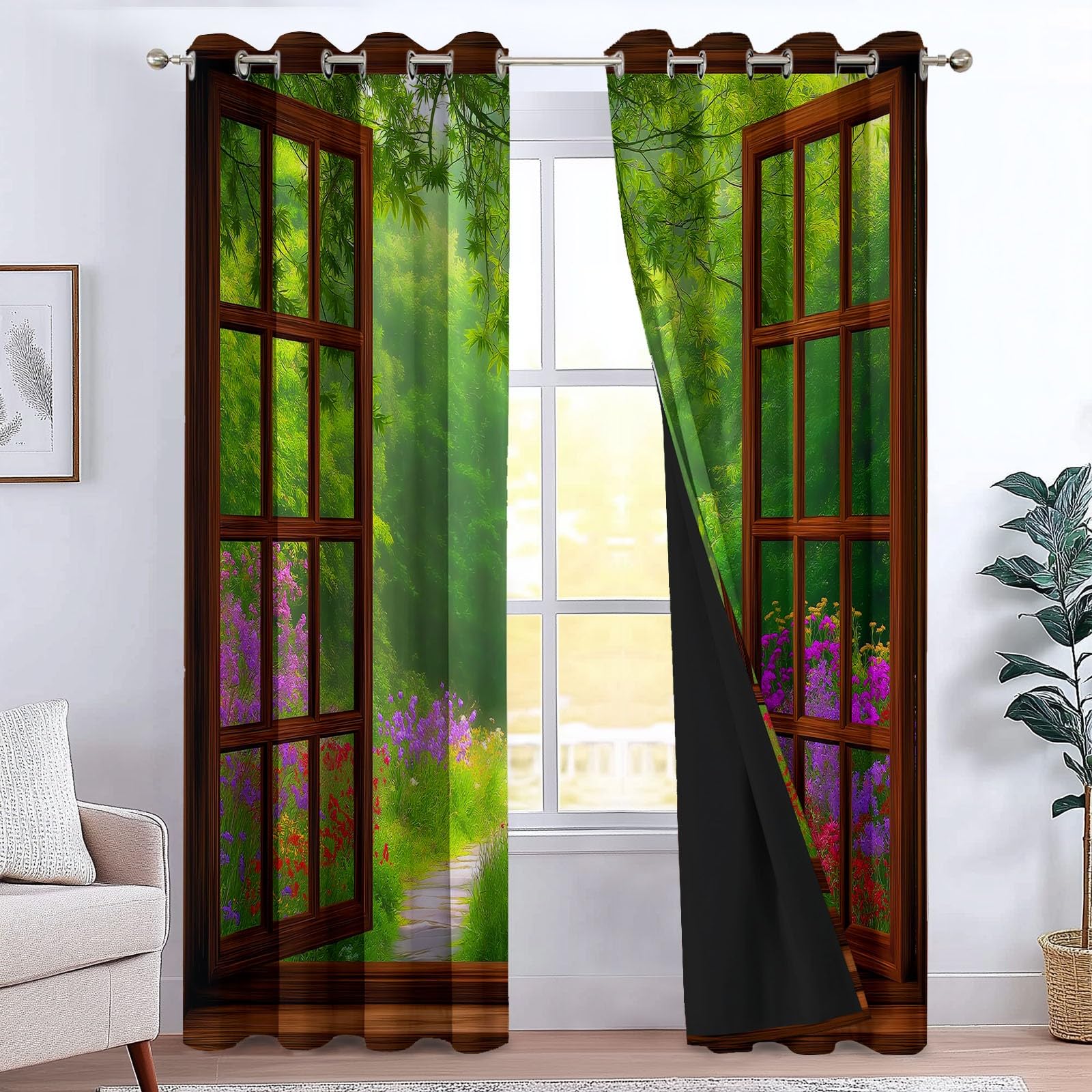 Genérico Bosque Verde Flores Cortinas Opacas térmicas Que bloquean la luz, Parete Artistica Cortinas Opacas con Ojales para Dormitorio y Sala de Estar 140 x 260 cm (2 Paneles)