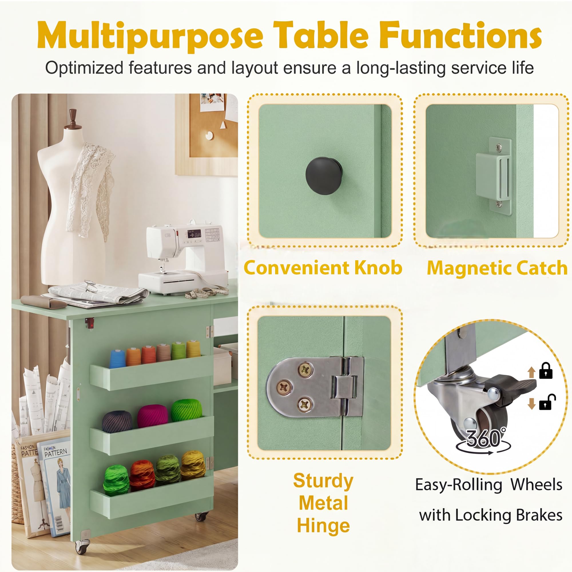 KOMFOTTEU Table Couture Pliable &, 3 Bacs cachés, Vert