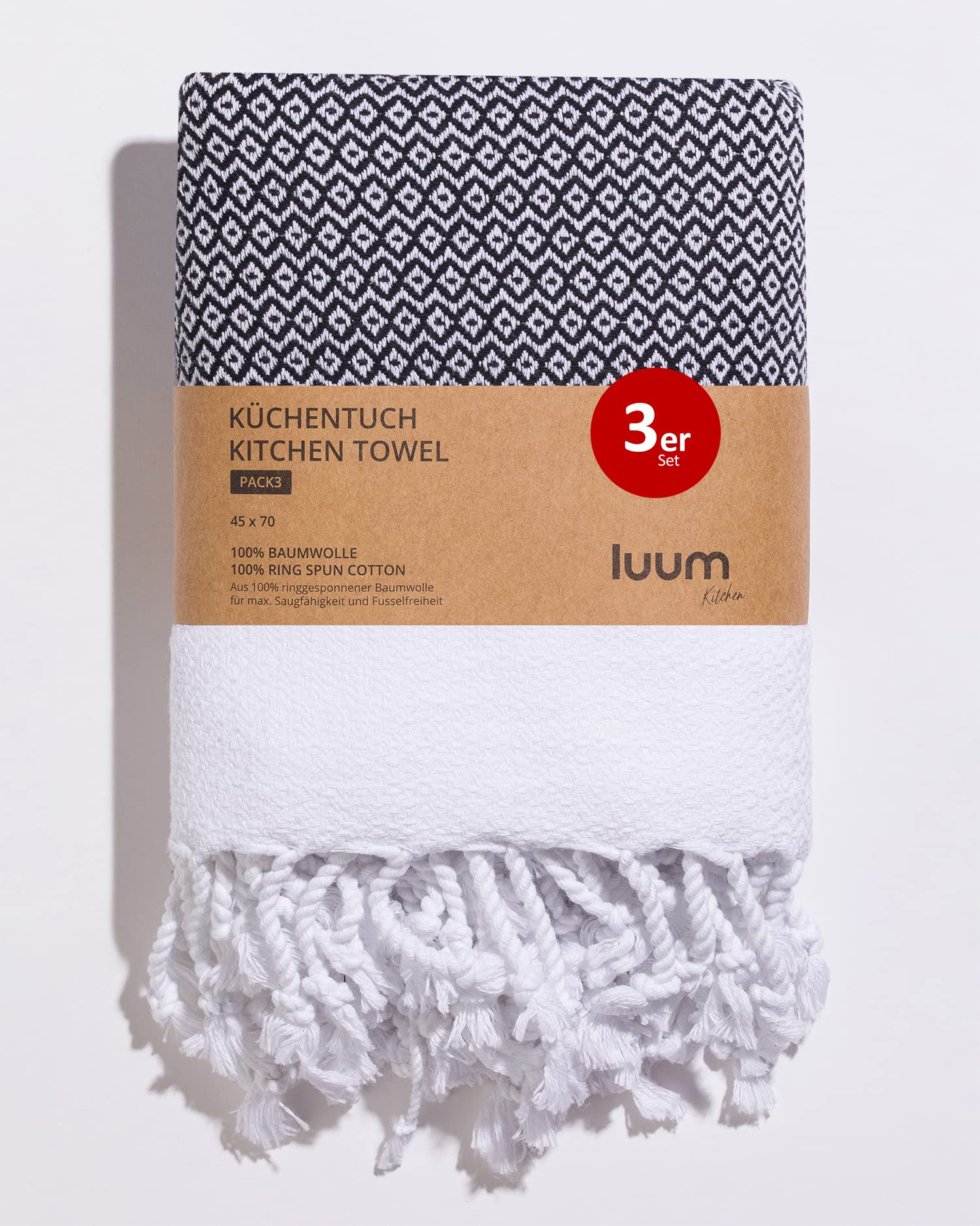 Luum® Set of 3 Tea Towels, Tea Towels, Kitchen Towels, Kitchen Towels, 100% Ring-Spun Cotton, Quick-Drying, Lint-Free, Black, 45 x 70 cm, Gift Set 3er-Set [45x70] 70 - Black