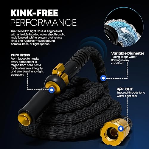 Miniatura 3 de TITAN Manguera de jardín flexible de 15 pies  Manguera de agua ultraligera y resistente con accesorios de latón y boquilla de chorro  Sin