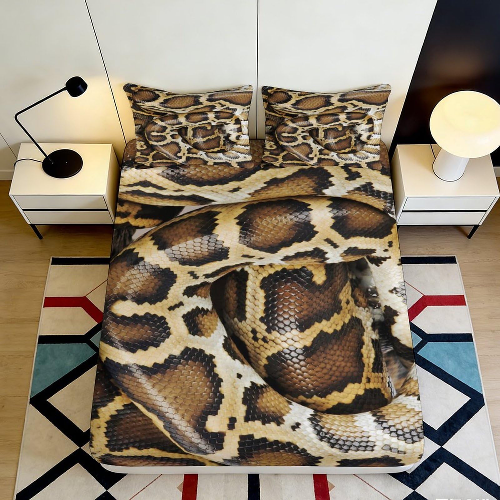 3D Printed Snake Pattern Fitted Sheet Microfiber Soft Breathable Reptile Design Bed Cover for Bedroom Dormitory Guest Room Mattress Protection Decor 180x200x25cm