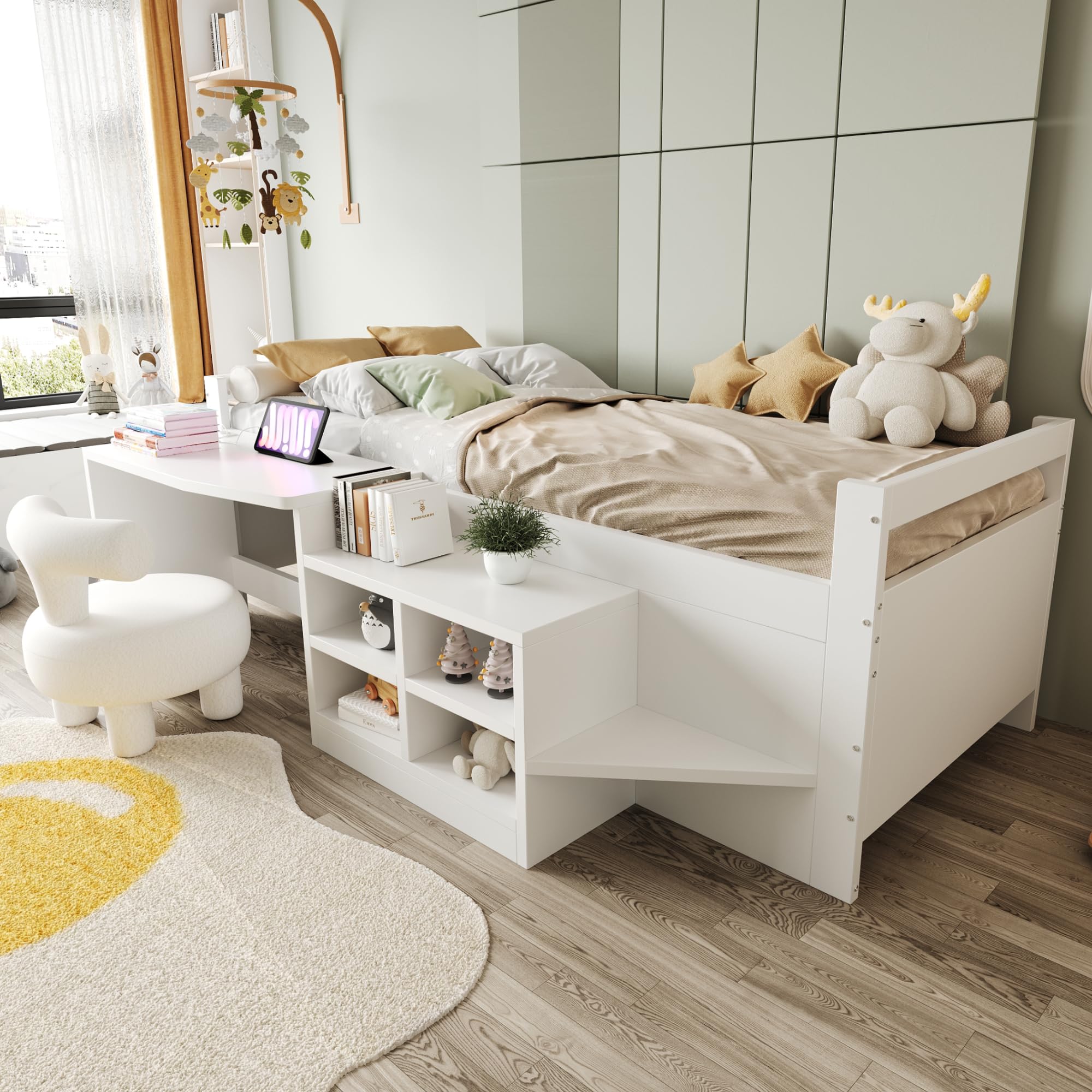 Łóżko piętrowe 90 x 200 cm, łóżko dziecięce z biurkiem i gniazdkami, białe łóżko drewniane ze schowkami, USB i stelażem, pojedyncze łóżko do małych pomieszczeń