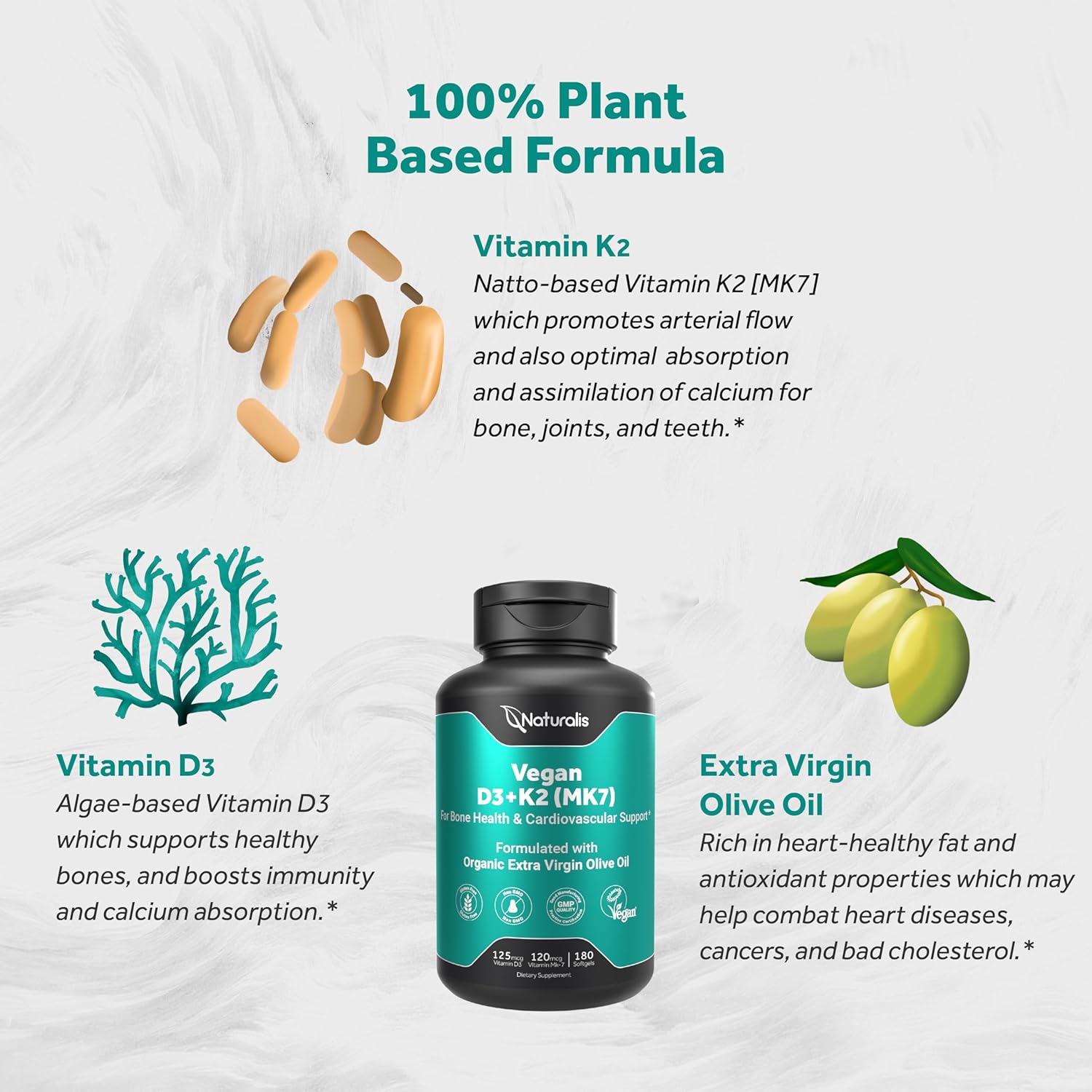 Naturalis Vegan Vitamin D3+K2 from Algae | 5000 IU D3 with 120mcg MK7 | Vegan Society Certified,Sustainably Sourced,Better Than Animal Derived | Better Support for Bone & Immune Health* | 180 Softgels