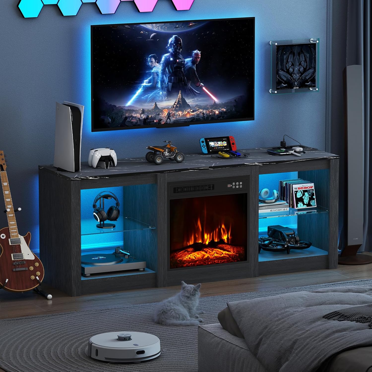 Ludatido Modern TV Stand with 18" Electric Fireplace Insert Fits up to 80" TVs, Sintered Stone Top, 14-Color LED Lights, Glass Shelves, Charging Ports, Remote Control