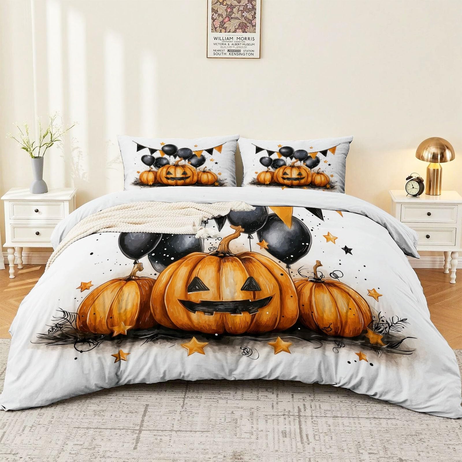 Poszewka na kołdrę 3 sztuki kolor pomarańczowy poszewka na kołdrę z 2 poszewkami na poduszki Halloween Jack-O'-Lantern balony uroczystość miękki zestaw pościeli na cały sezon oddychające zapięcie na