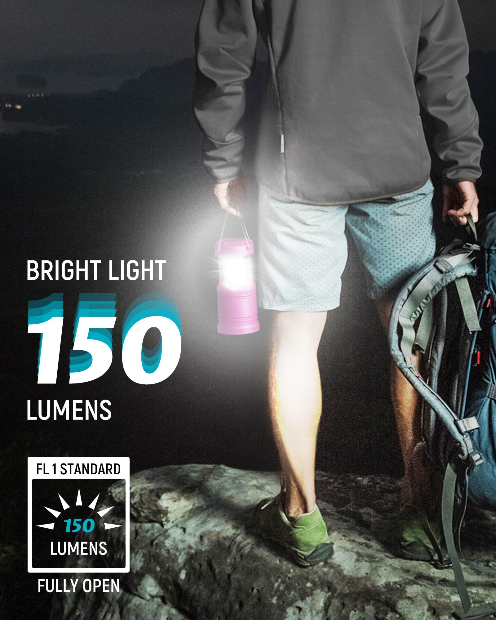 Lichamp Confezione da 4 lanterne da campeggio a LED rosa, alimentate a batteria, luci LED super luminose pieghevoli, kit di forniture di emergenza portatili, A4PK