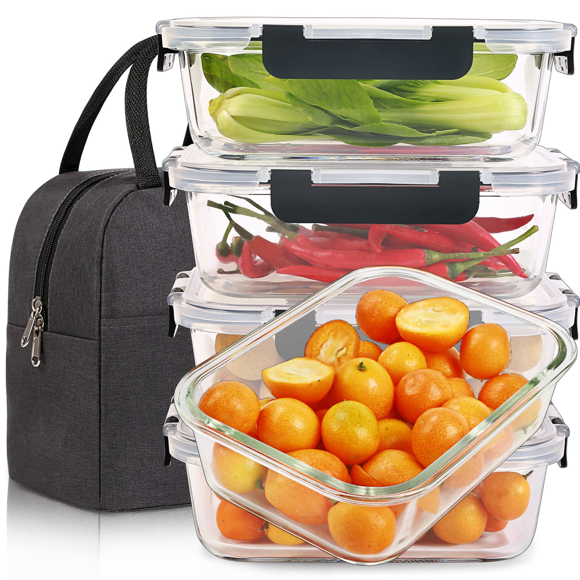 DAS TRUST [5-Packs, 36 Oz Glass Meal Prep Containers with Snap Locking Lids Glass Food Containers,Airtight Lunch Container,Microwave, Oven, Freezer and Dishwasher (4.5 Cup, Black)