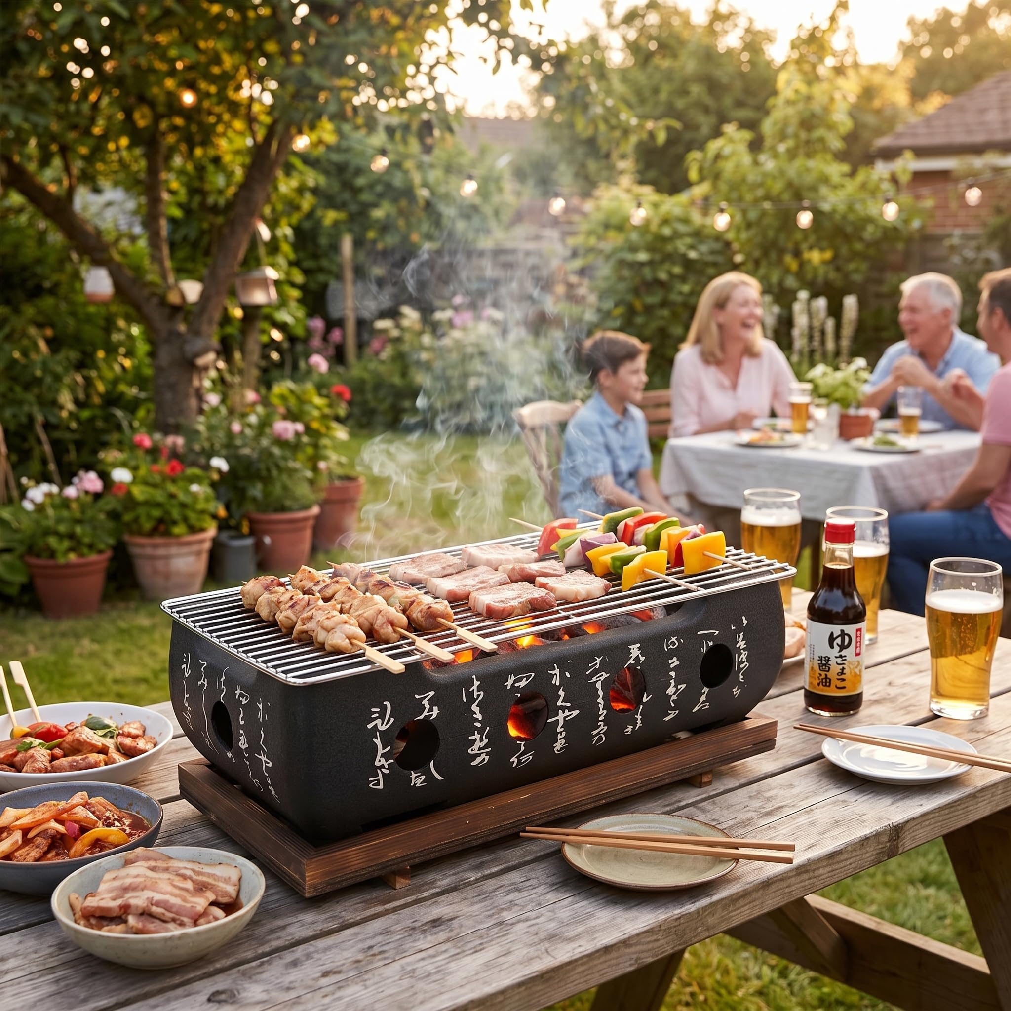Ausla Griglia Hibachi, Griglia per Barbecue Giapponese Portatile a Carbonella con Base in Legno e Rete, Ideale per Campeggio all'aperto e Picnic (XL)