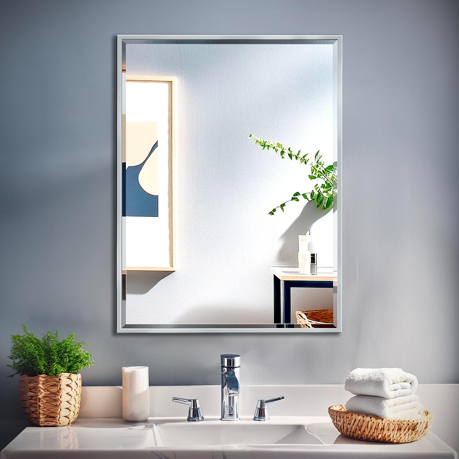 Gatco 1822 Bathroom Wall Mirror, 33"H x 25"W Modern mirror for Living Room, Vanity, Slim Design Beveled Framed Large Rectangle Chrome mirror - Hangs Horizontal or Vertical with Easy Mount Bracket