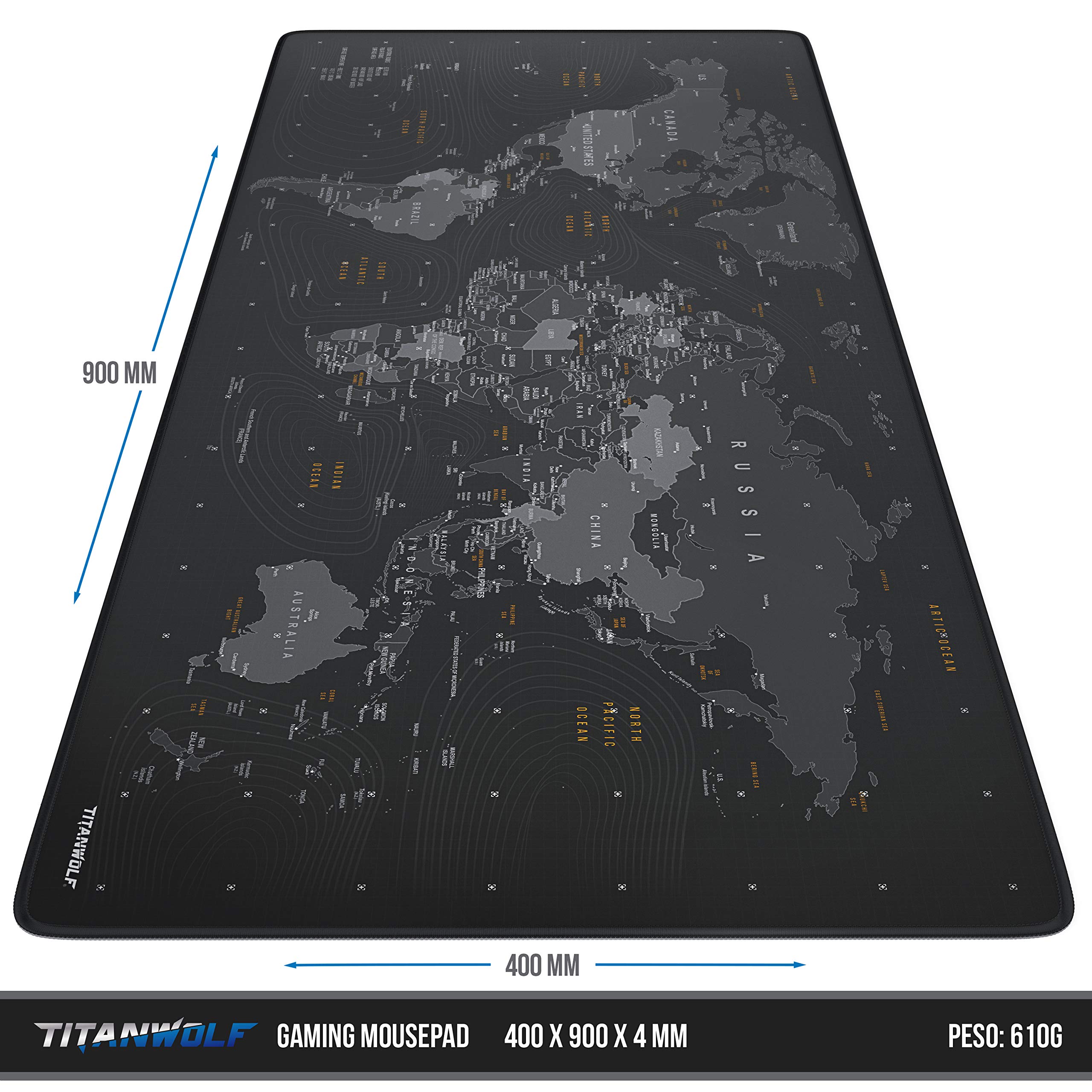TITANWOLF - XXL Tappetino per Mouse da Gioco - Gaming Mousepad Extra Grande 900 x 400mm - Mousepad Pad con Base in Gomma Antiscivolo - Spessore 3mm - Nero - modello World Map