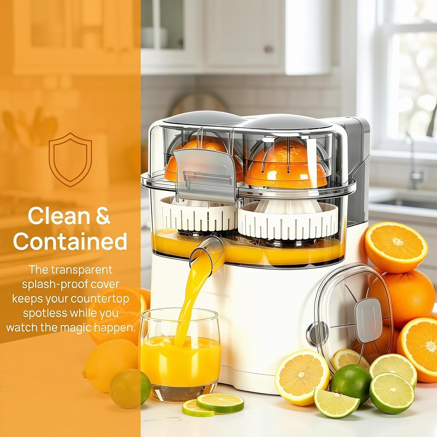Dual-Head Automatic Citrus Juicer, All-in-One Electric Citrus Juicer Orange Squeezer, 1-Button Automatic Juicer Machine, Built-in Cutter for Orange, Lemon, Lime, Easy to Clean & Use (Black)