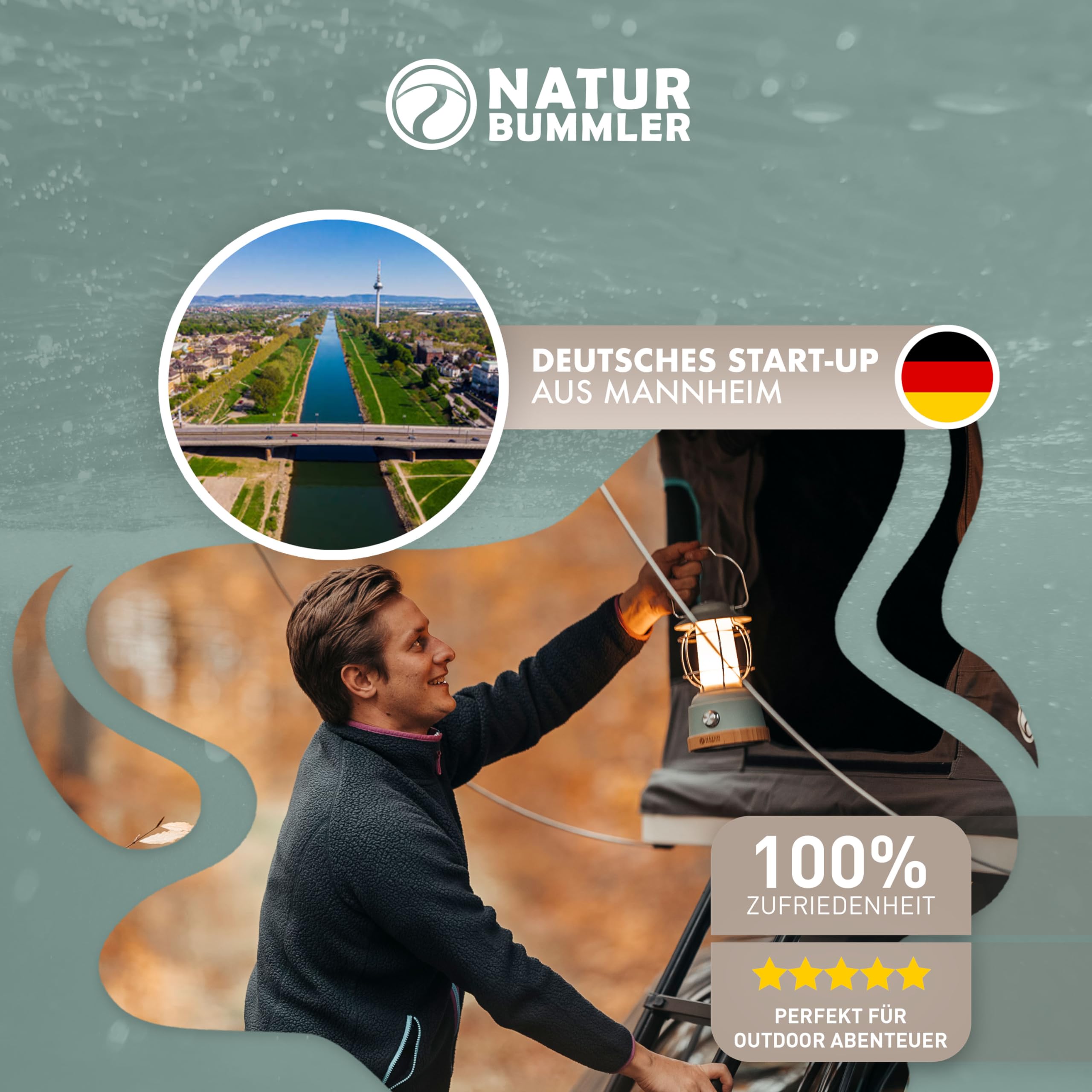 NATURBUMMLER Campinglampe aufladbar mit Powerbank [LUX Secure+] IPX4 wasserdicht & dimmbar – 5200 mAh Akku mit 200h Leuchtkraft für gemütliche Abende – LED Zeltlampe Campinglicht Outdoor