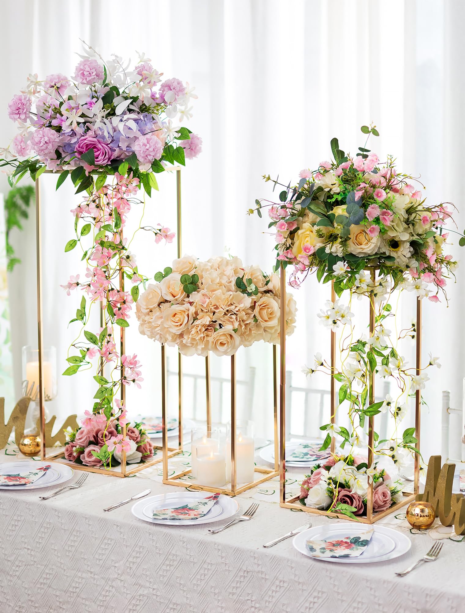 Soporte para Flores Oro para Bodas con Panel Acrílico, 40/60/80cm | Columna Geométrica Metálica, Jarrón Alto para Cumpleaños, Arreglos Florales, Fiestas y Decoración de Salón