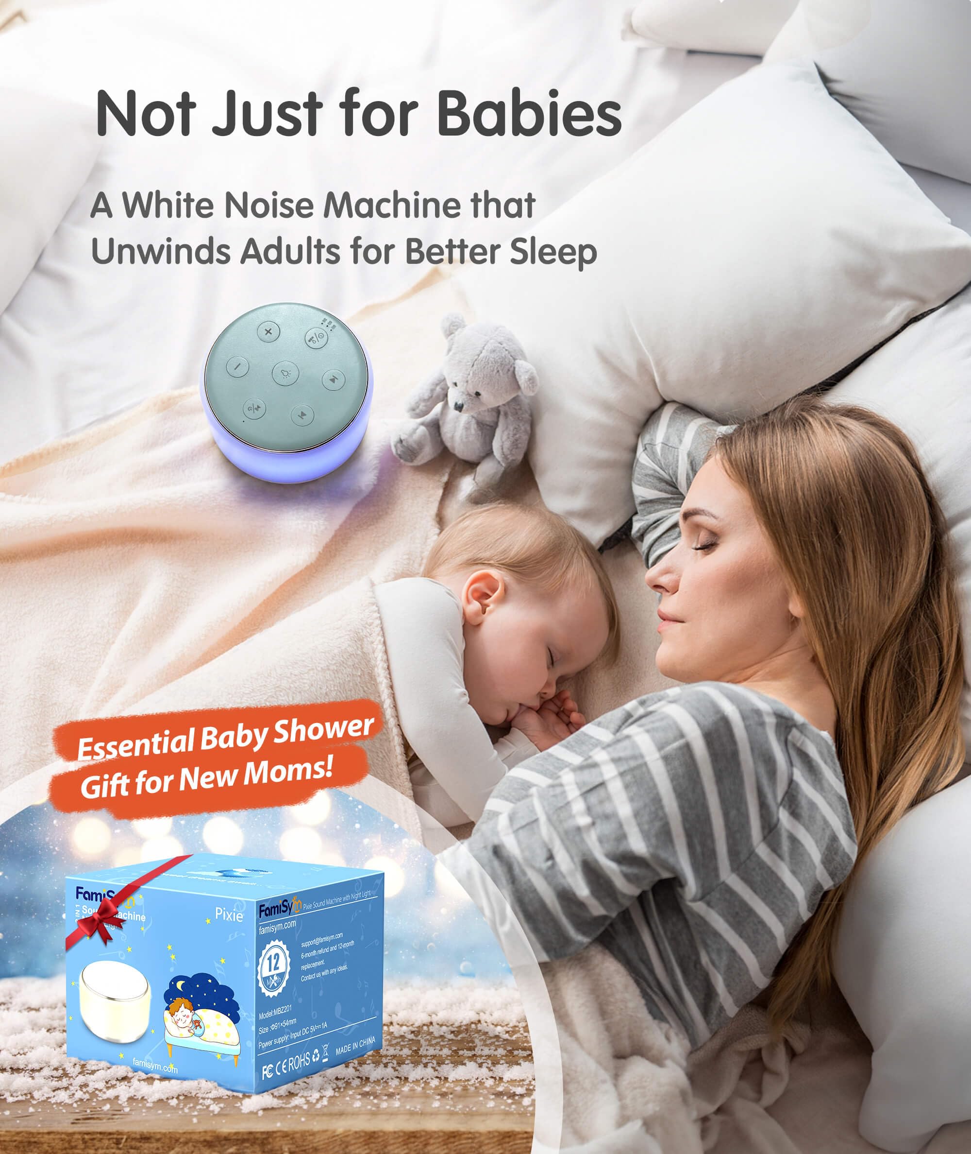 FamiSym White Noise Sound Machine Baby zum Schlafen mit Nachtlicht - 34 beruhigende Geräusche, Wiederaufladbare White Noise Machine für Baby Kinder Erwachsene Schlaf, Tragbare Wiegenliedmaschine Baby