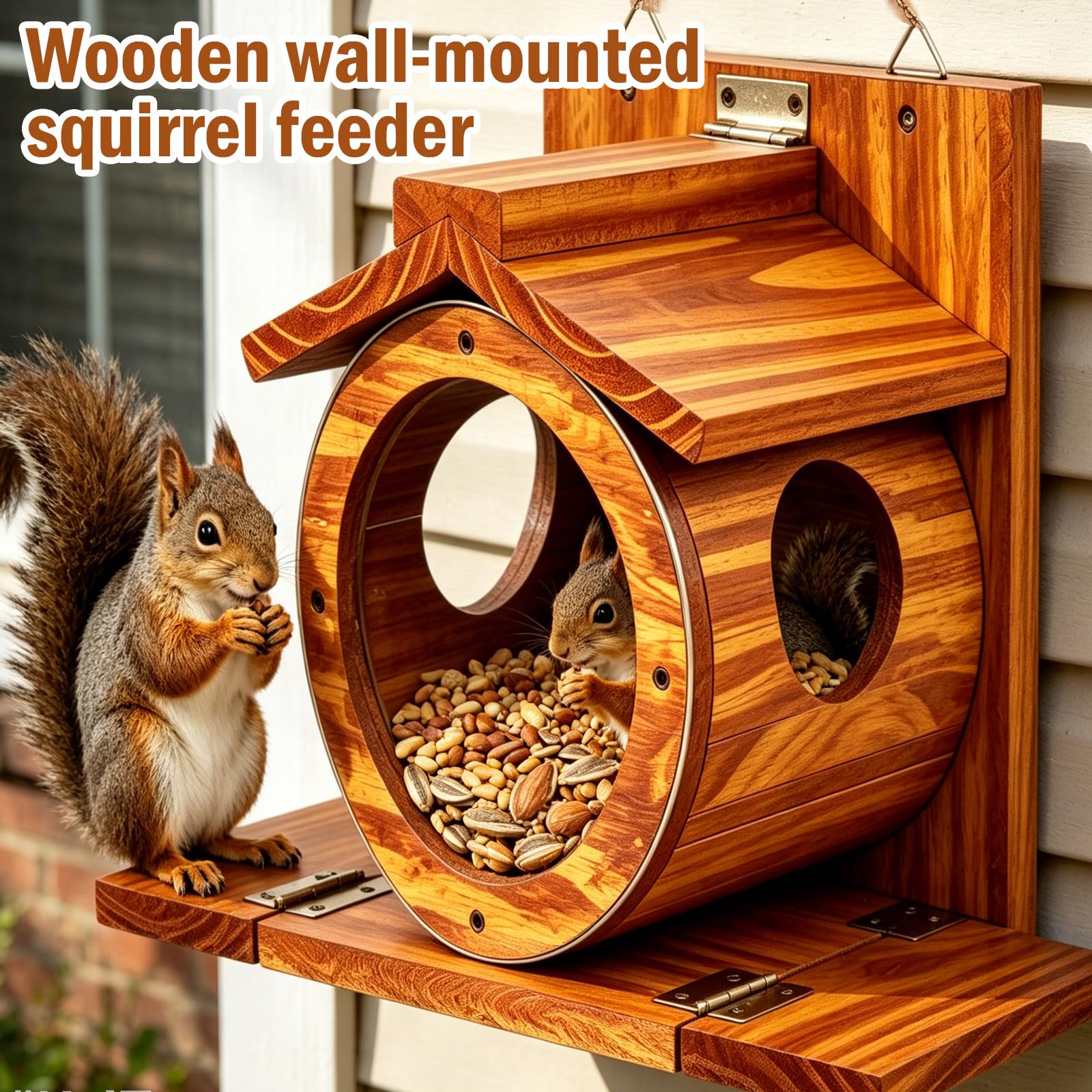 Eichhörnchen Futterhaus aus Holz, Wetterfest Eichhörnchen Haus mit Transparentem Fenster und 2.75" Grosser Oeffnung Wandmontage Robuste Futterstation für Garten Hinterhof Und Aussenbereich
