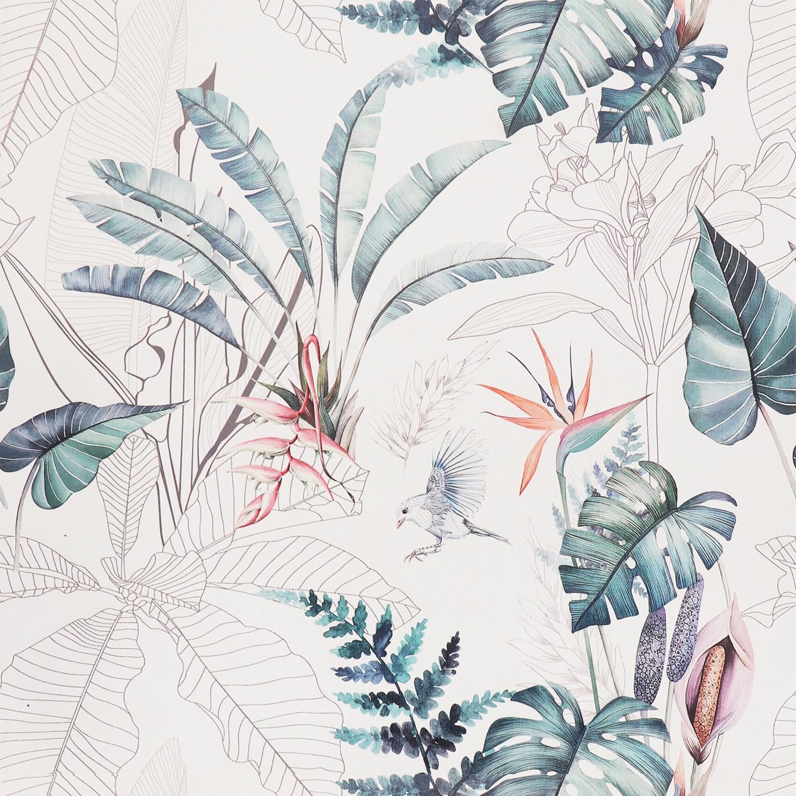 Self Adhesive Wallpaper Tropical,44 x 1000 cm Green Leaf Tropical Flowers Birds Plants Jungle Wallpaper Forest Peel and Stick Wall paper Self Adhesive Furniture Wrap for Living Room,Bathroom,Cabinets — image 1