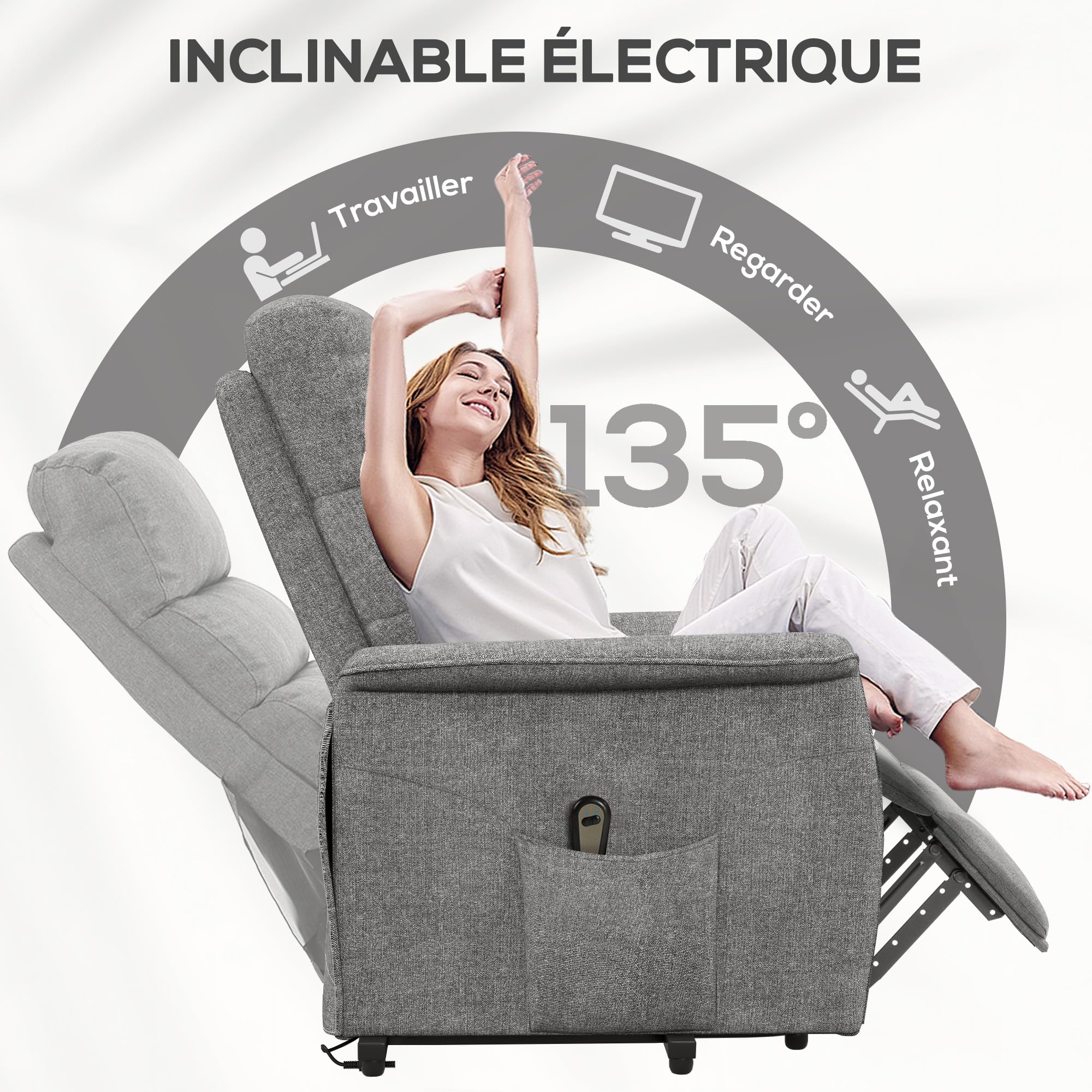 HOMCOM Fauteuil releveur électrique Fauteuil de Relaxation inclinable avec Repose-Pied, télécommande, Pochette, Tissu de Lin, Gris