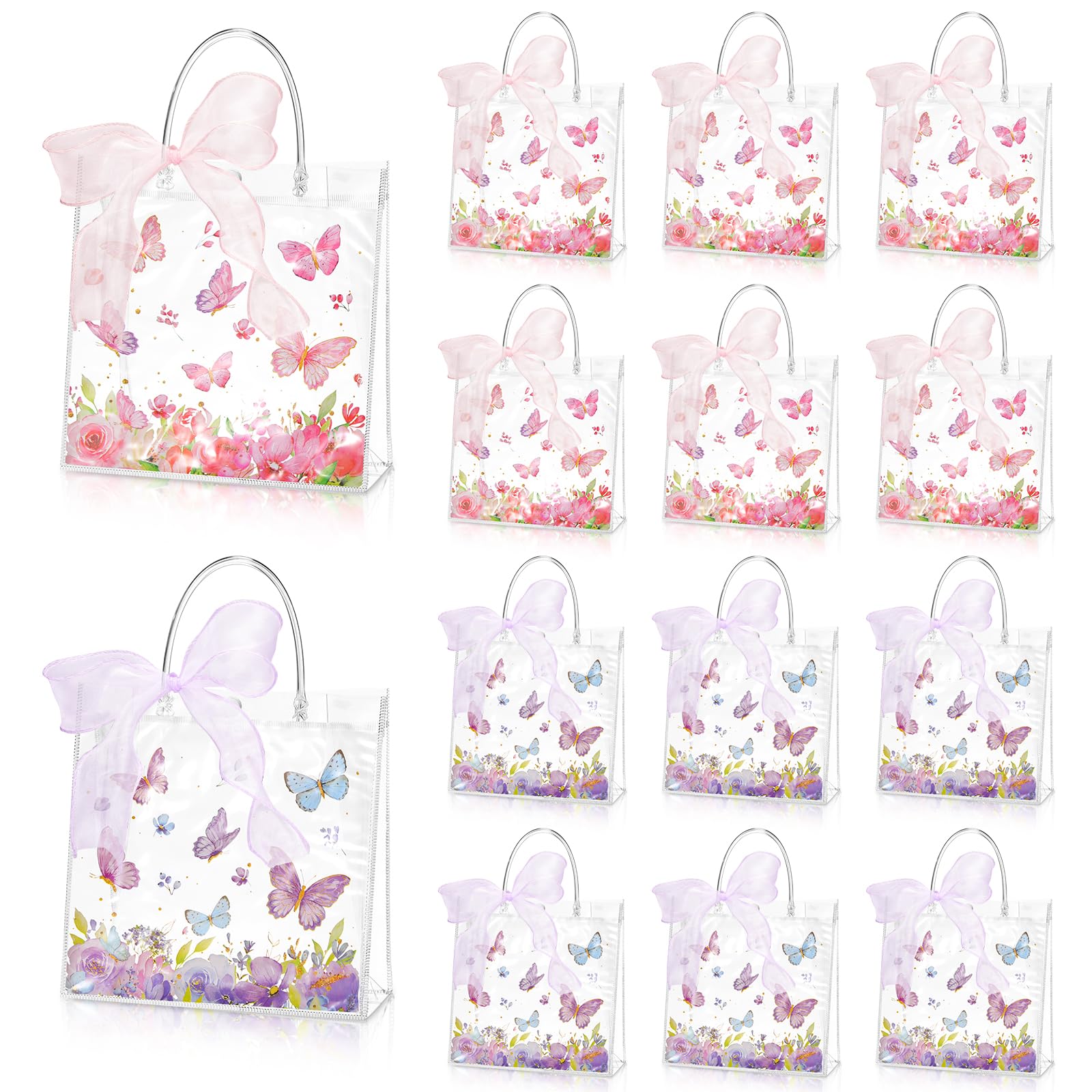 Hosuly 24 Pcs Butterfly Gift Bags with Ribbon, Clear PVC Spring Butterfly Treat Bags with Handles, Reusable Pink Purple Transparent Favor Bag for Wedding, Baby Shower, Birthday, Theme Party