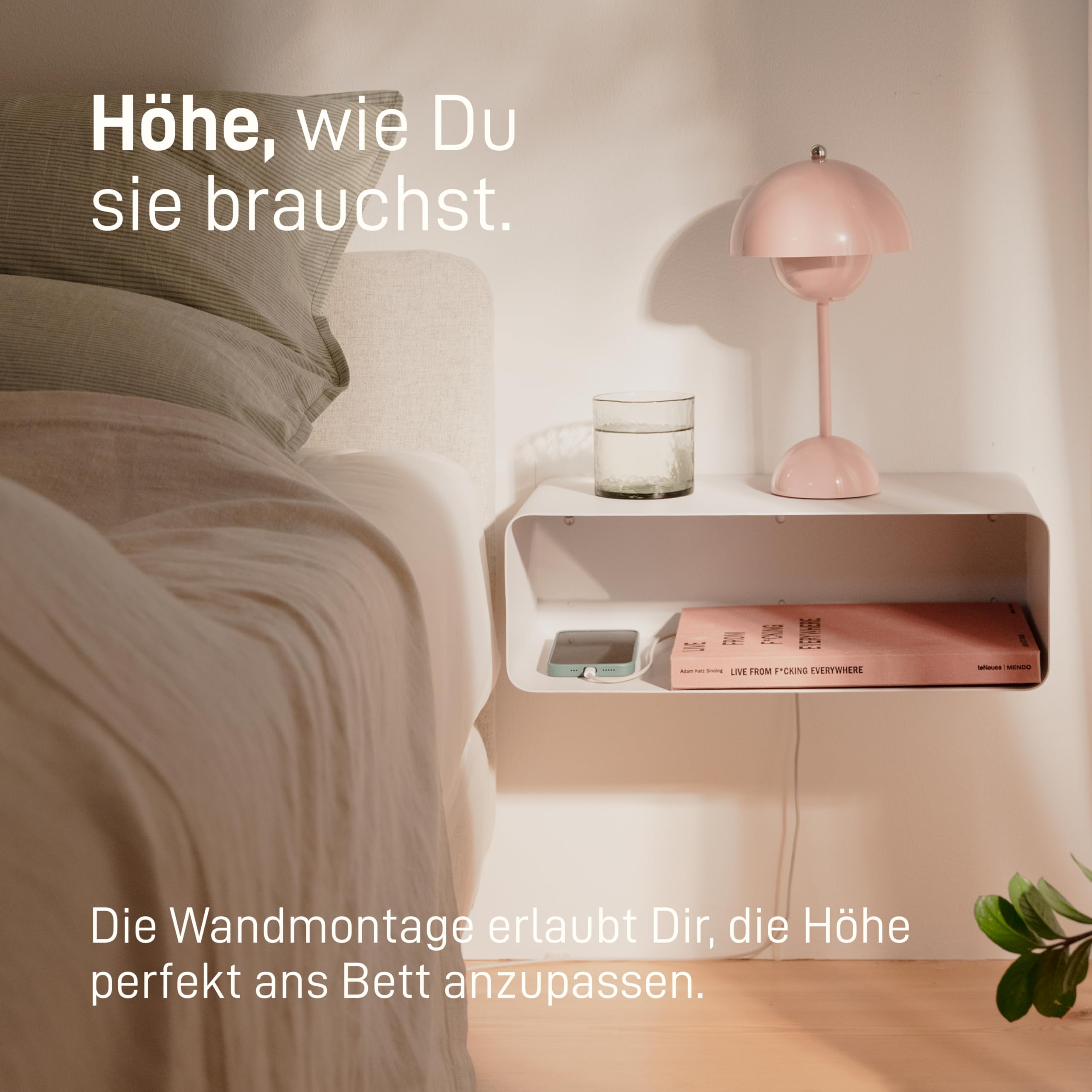Natural Goods Berlin 1x Nachttisch Sheet - Schweberegal Weiß, Metall 45 x 24 x 15 cm - Nachttisch hängend, schwebender Tisch - Nachtschrank hängend, Wandregal Cube, Wandnachttische