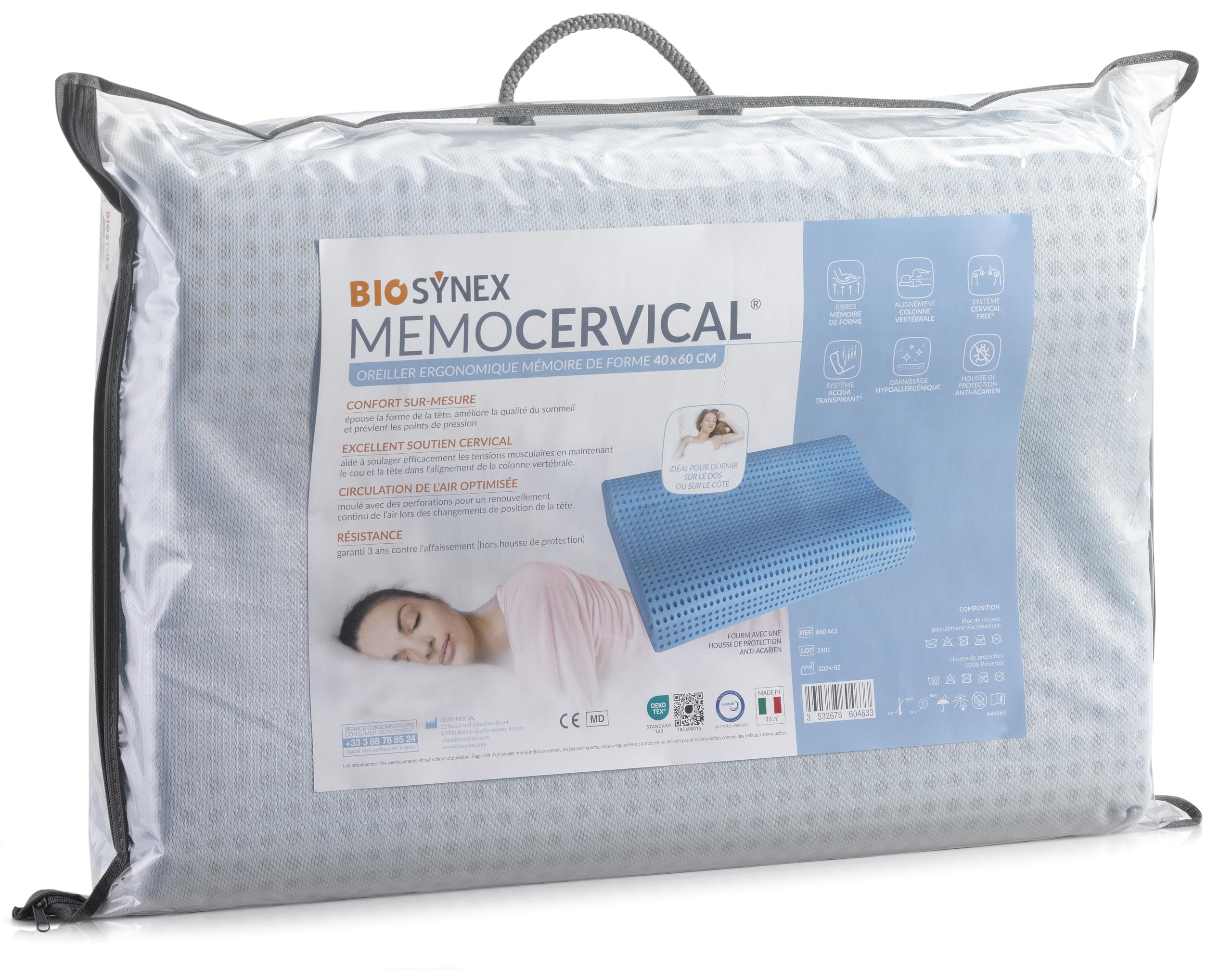 BIOSYNEX - MEMOCERVICAL - Oreiller Ergonomique Rectangulaire à Mémoire de Forme - 40 x 60 cm - Dispositif Médical - Fabriqué en Italie (Bleu, Double Vague)