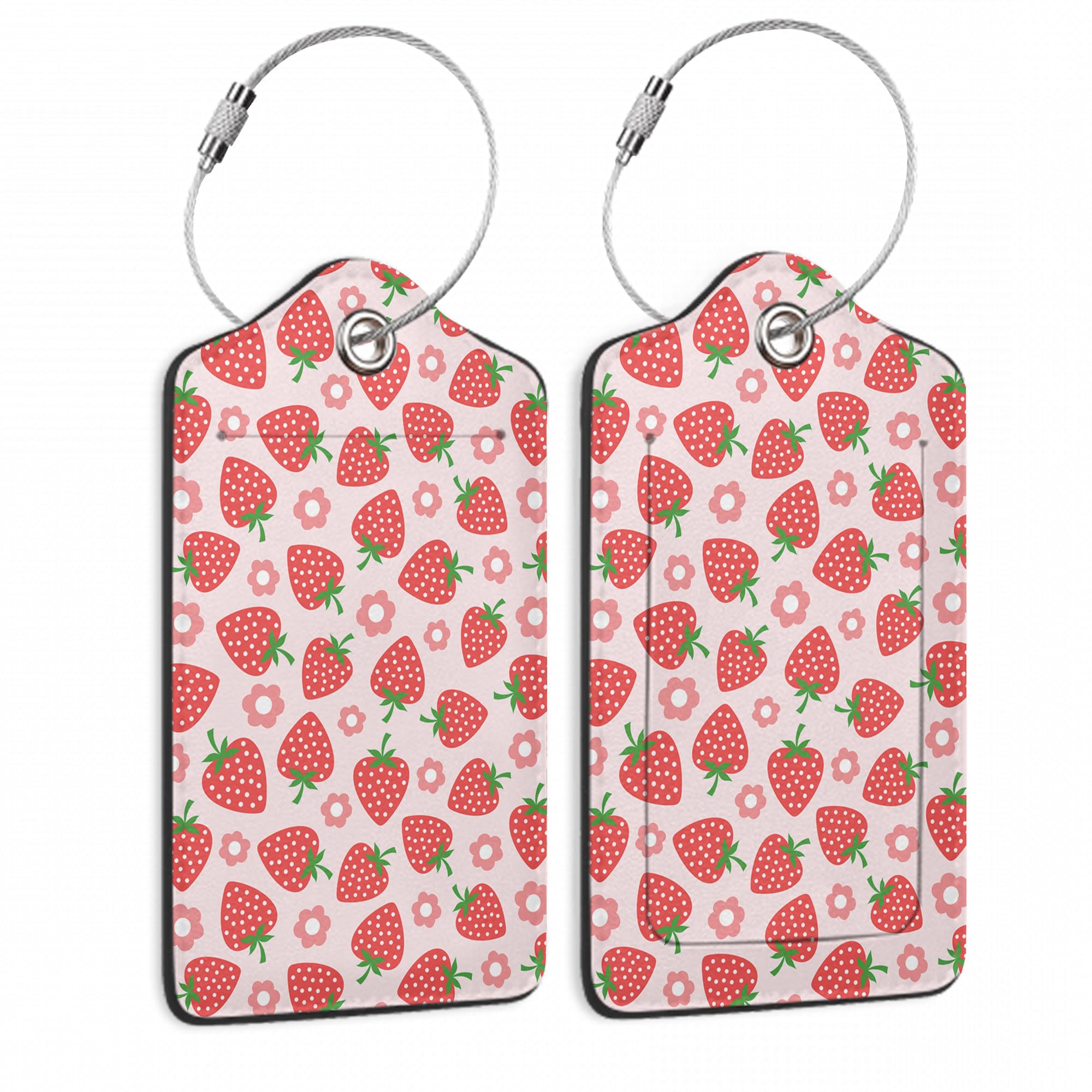 Strawberry Luggage Tags for Suitcase 2 Pack,Vintage Groovy Flowers Luggage Tag PU Leather Privacy Cover ID Label with Stainless Steel Loop for Women