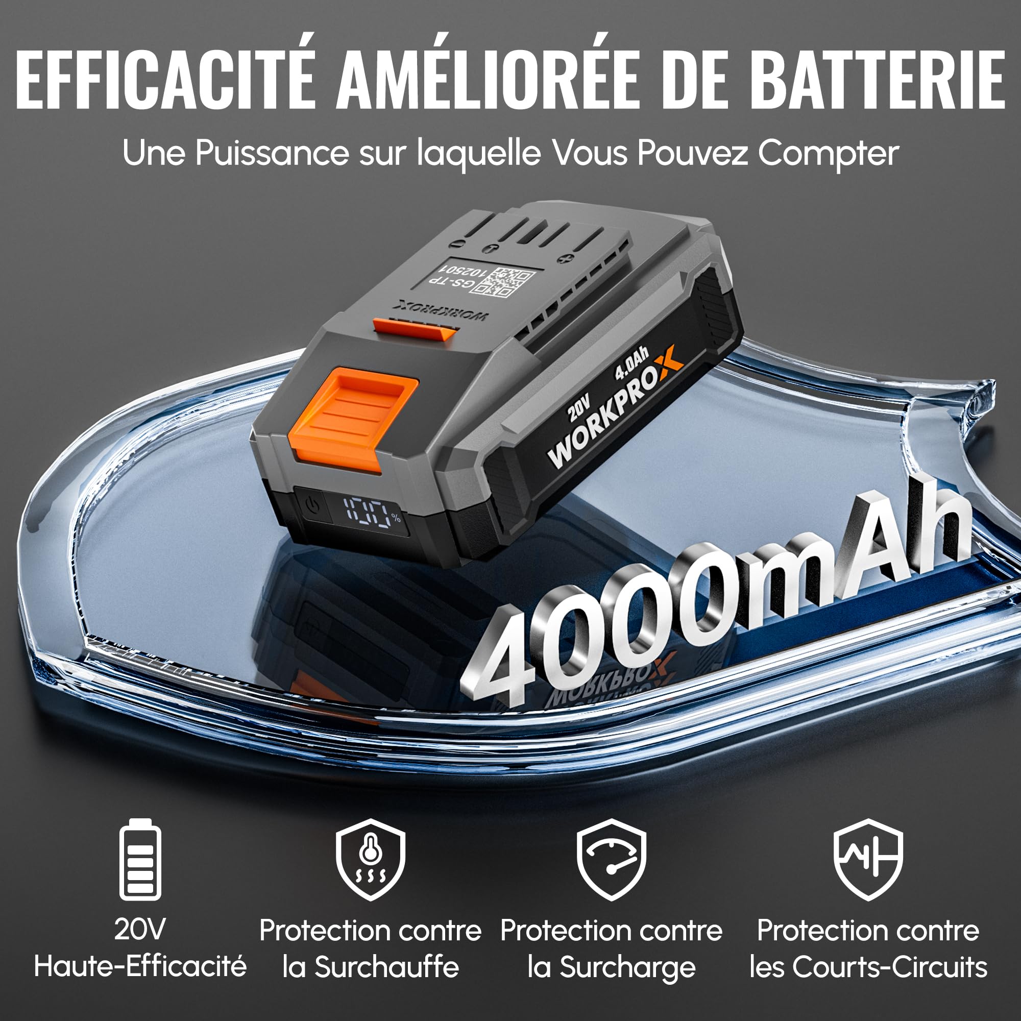 WORKPROX Batterie Lithium-Ion 20 V 4,0 Ah | Haute Capacité, Fonction Power Bank, Écran LED de Niveau de Charge, Compatible avec Les Outils WORKPROX