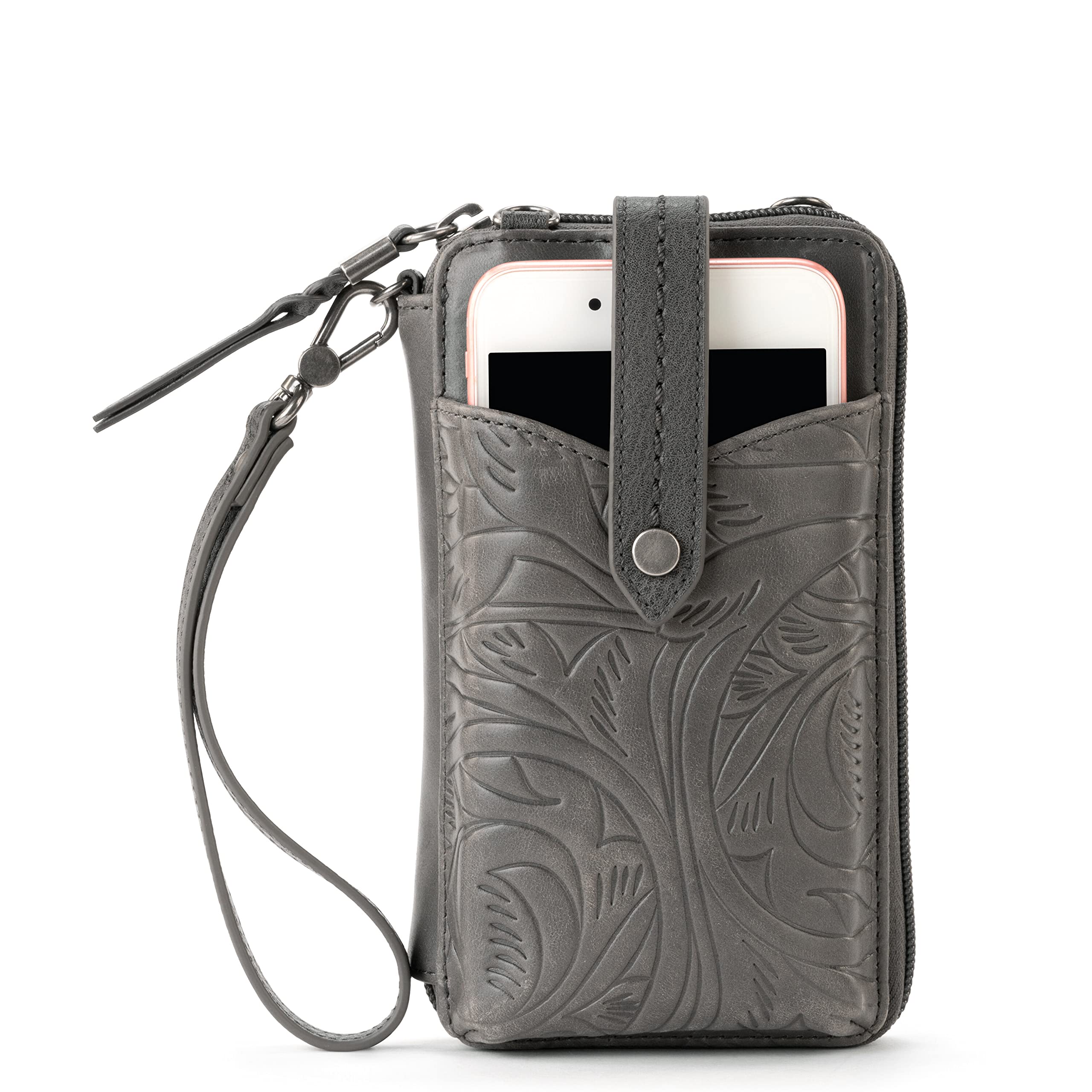 The SakWomens Silverlake N/S Smartphone Crossbody The Sak Silverlake Smartphone Crossbody Bag in Leather, Adjustable Strap, Black Floral Embossed