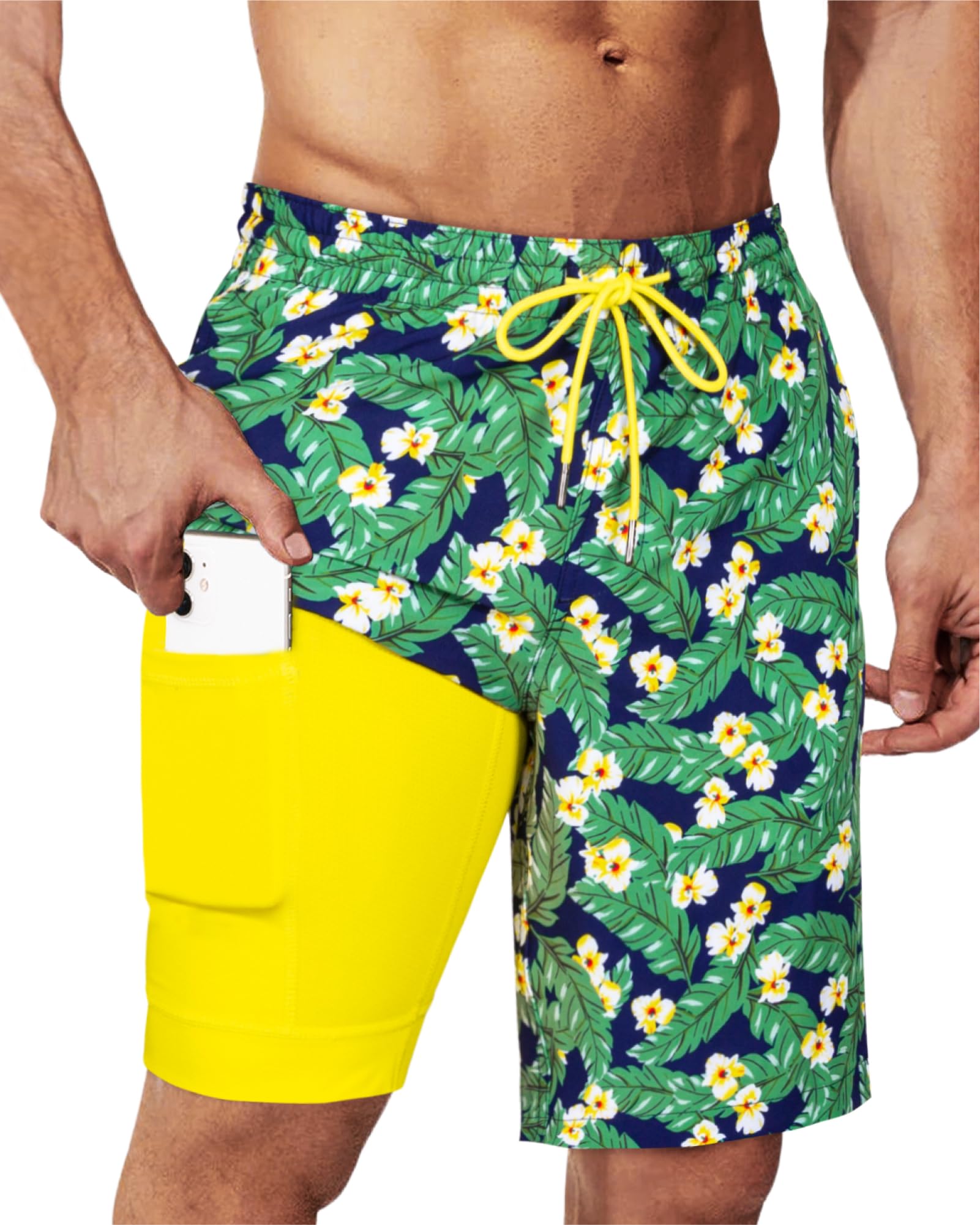 SURF CUZ 9" Mens Swim Trunks with Compression Liner Bathing Suits 2 in 1 Stretch Zipper Pockets Quick Dry