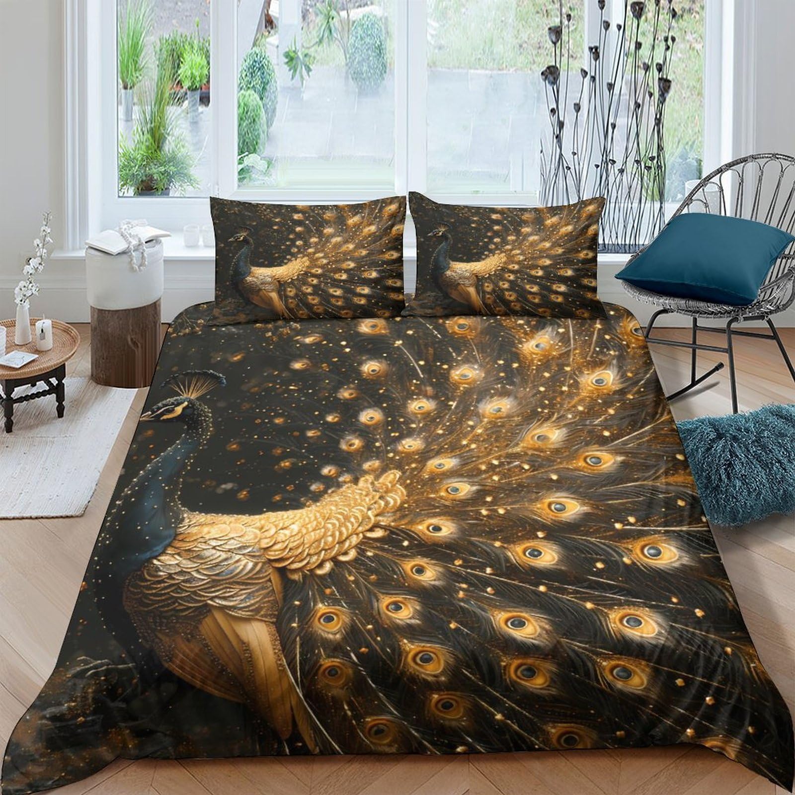 Ctjqhvkz Style-8 3D Printed Golden Peacock Fitted Sheet Microfiber Soft Anti-Slip Elegant Feather Mattress Cover For Bedroom Guest Room Decor Single（135X200cm）