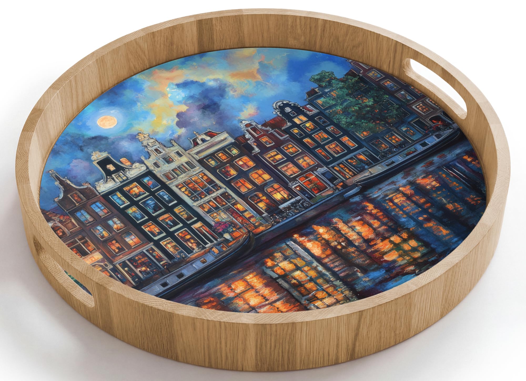 Bandejas De Madera Redonda 40x40 cm Bandeja para Servir Roble Decorativa Resistente A Los Arañazos Tabuleiro Diseño Desayuno Canals Amsterdam - Casas - Ciudad - Colorido