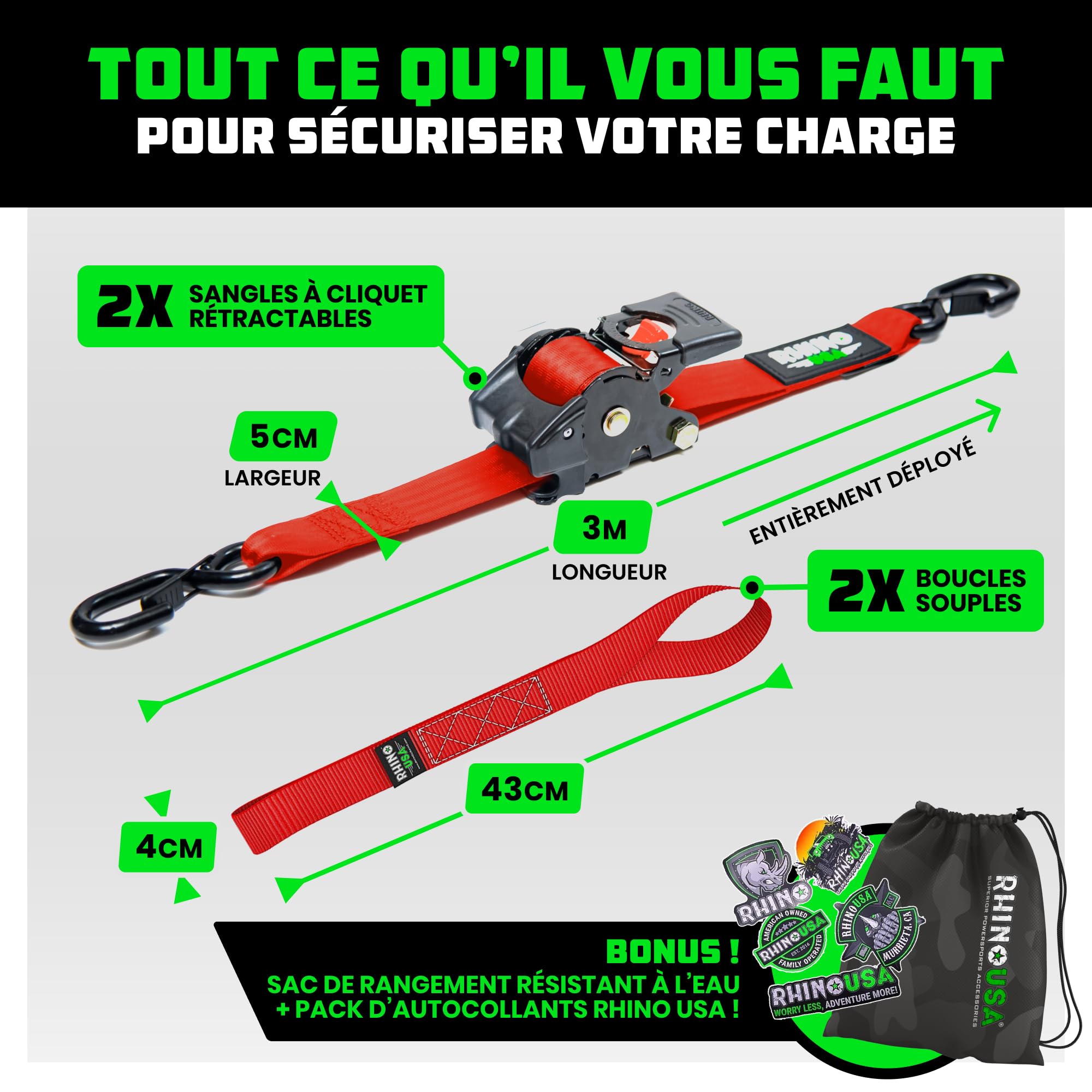 Rhino USA Sangles d'arrimage rétractables à cliquet (Paquet de 2) - Résistance à la Rupture de 1360 kg, y Compris (2) Sangles d'arrimage Auto-rétractables de 5 cm x 3 m - Rouge