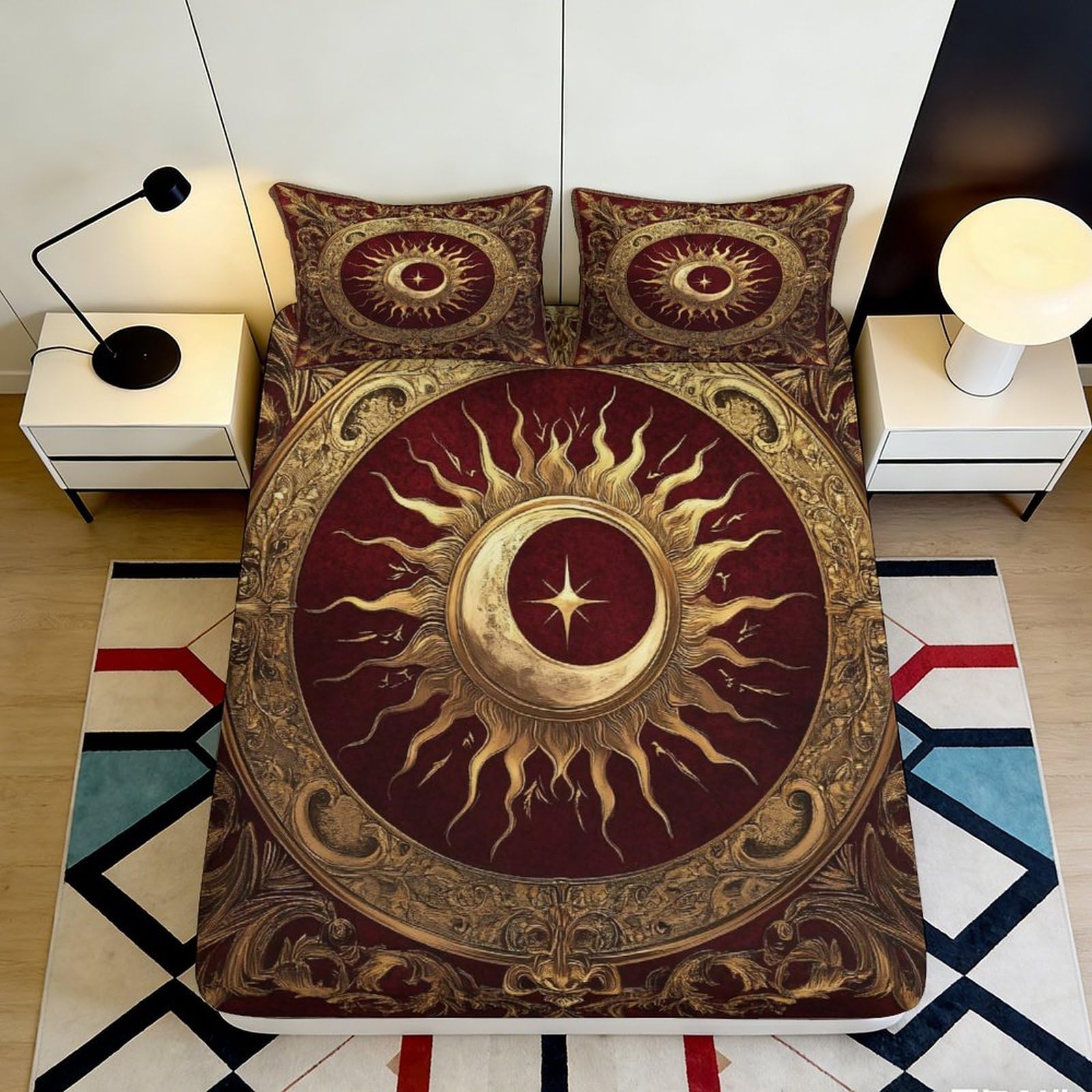 3D Printed Sun Moon Fitted Sheet Microfiber Soft Durable Cosmic Pattern Bed Cover for Bedroom Dormitory Guest Room Mattress Protection Decor 140x200x25cm
