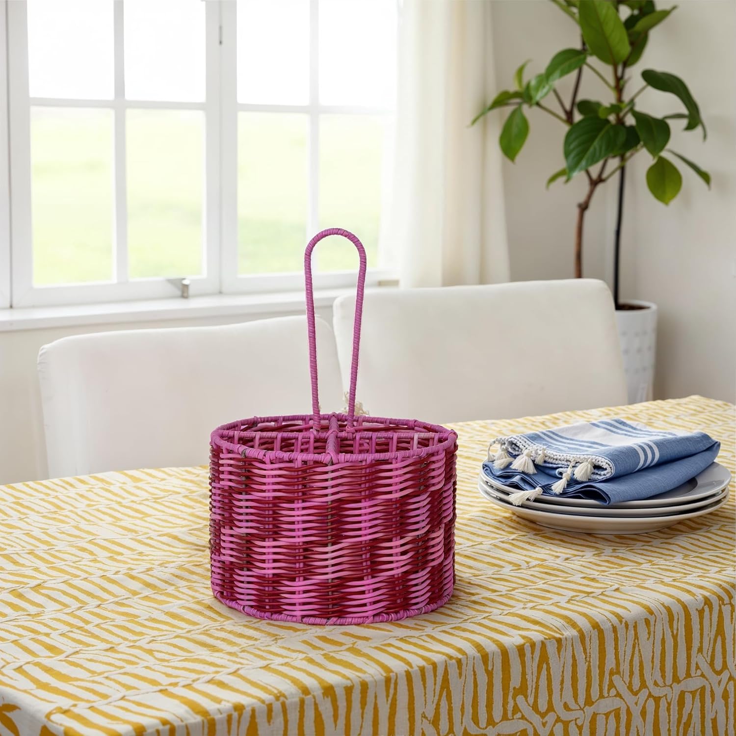 Creative Co-Op Woven Plastic Caddy with Handle and 4 Sections, Pink and Red