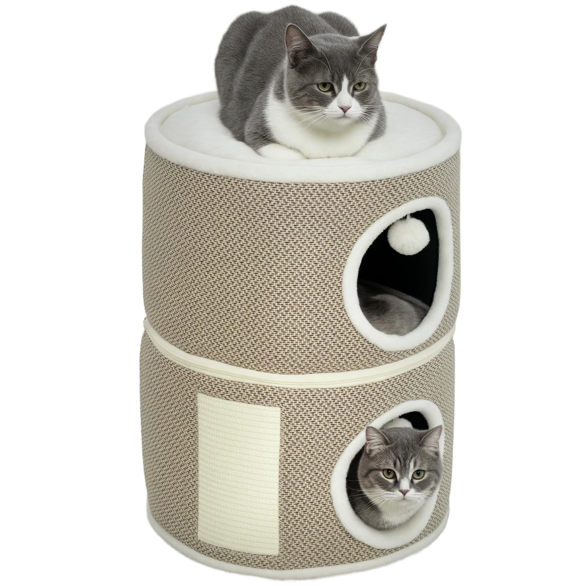 PawHut Tonneau à chat en sisal de 56 cm de haut avec grotte, arbre à chat, tour de chat, pour chat jusqu'à 5 kg, café