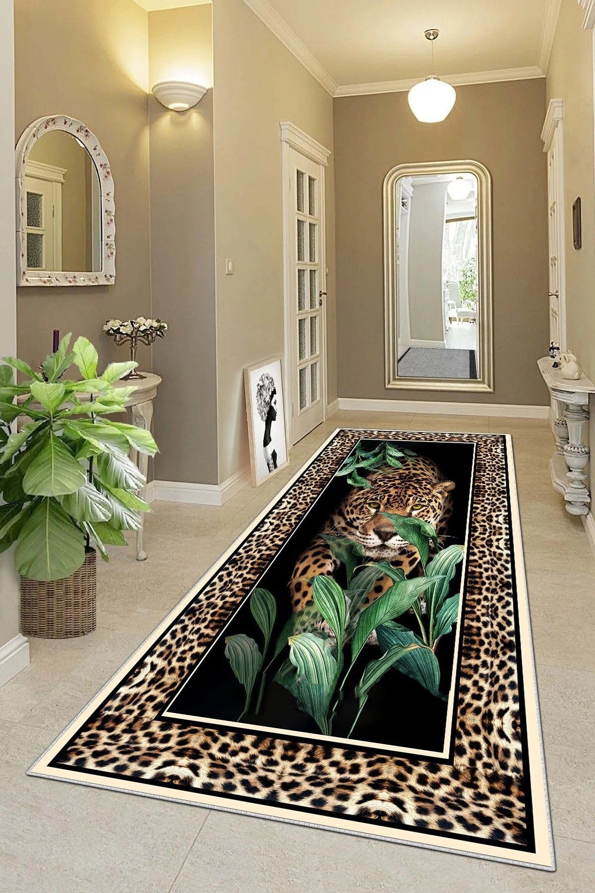 Pelangi Leopar Desenli Dijital Baskı Yıkanabilir Kaymaz Taban Modern Salon Halısı ve Yolluk, Kahverengi 80 x 200, 9555564802007