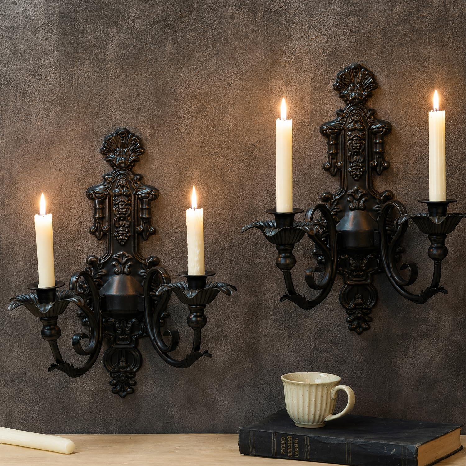 Gothic Wall Candle Sconces Set of 2 - Metal, Black Gold