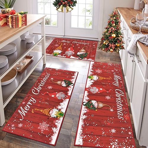 HEBE Juego de 3 alfombras de cocina de Navidad, lavables a máquina, antideslizantes, alfombras de cocina suaves para el suelo, juego de alfombras de