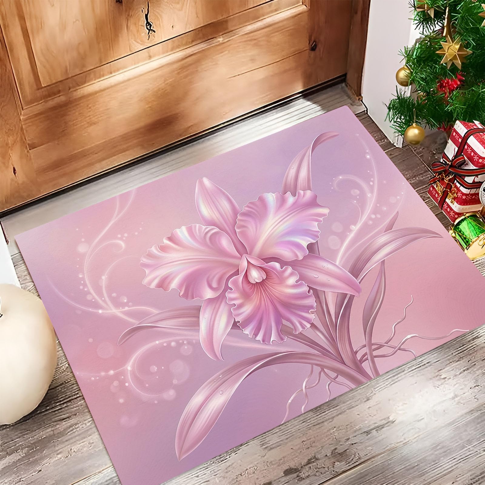 Zerbino Ingresso Interno Orchidea Phalaenopsis 3D Splendente, Zerbino Di Benvenuto Lavabile Morbida Fiori Romantici A Tinta Unita, Antiscivolo Tappeto Da Decorazioni Rosa Per Casa Porta, 60X90Cm