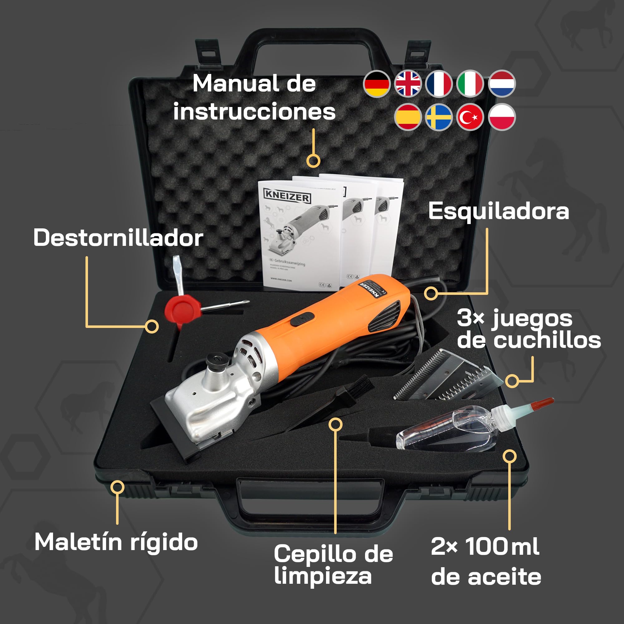 Máquina de Esquilar Caballos KNEIZER – Kit Completo con Accesorios – Cuchillas Intercambiables – Silenciosa y con Baja Vibración – Para Todo Tipo de Pelaje y Zonas del Cuerpo – Sin Mantenimiento
