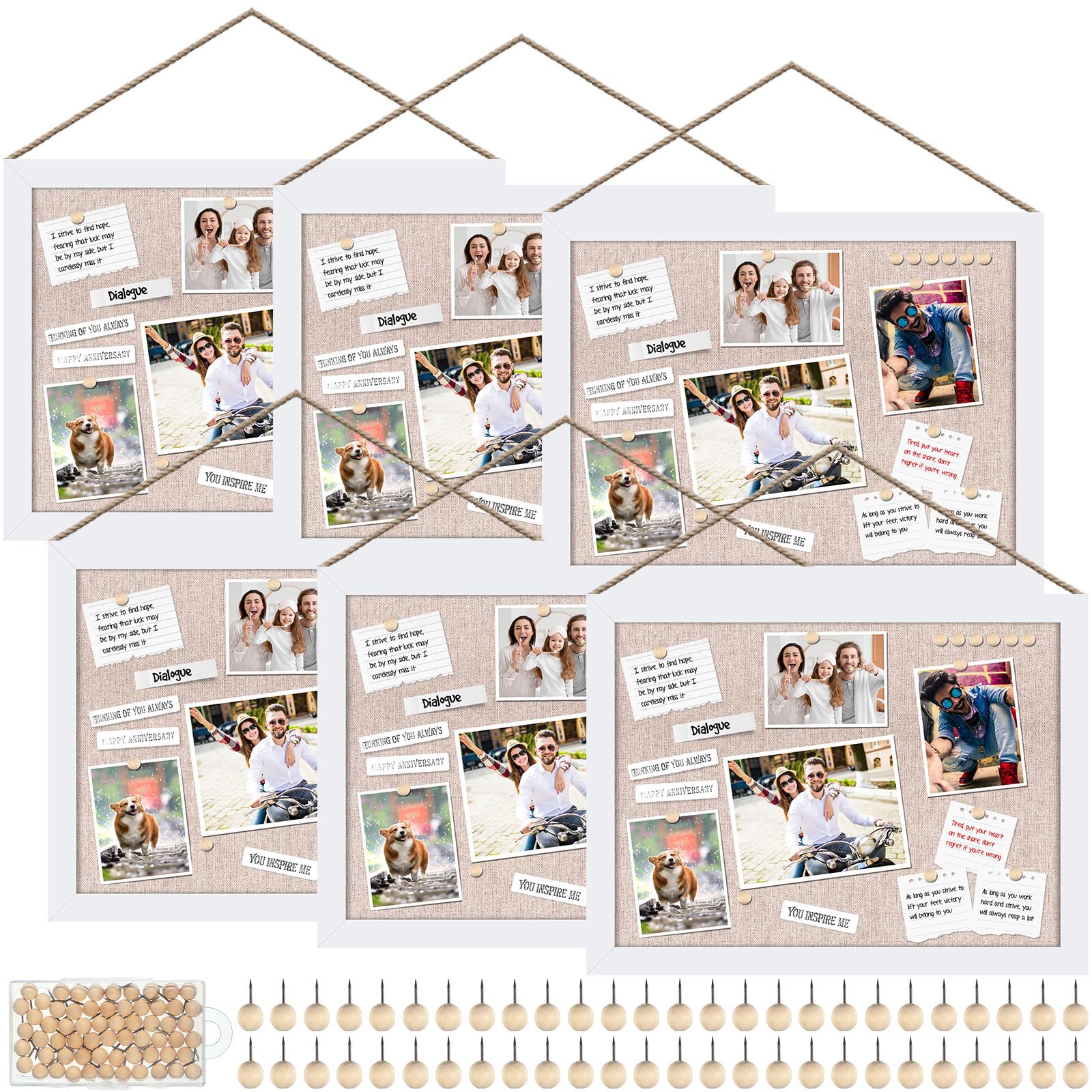 Teling 6 Pack Wood Bulletin Boards with Linen 12''x 16'' Cork Board for Walls with 60 Pushpin Decorative Wood Framed Display for Classroom School