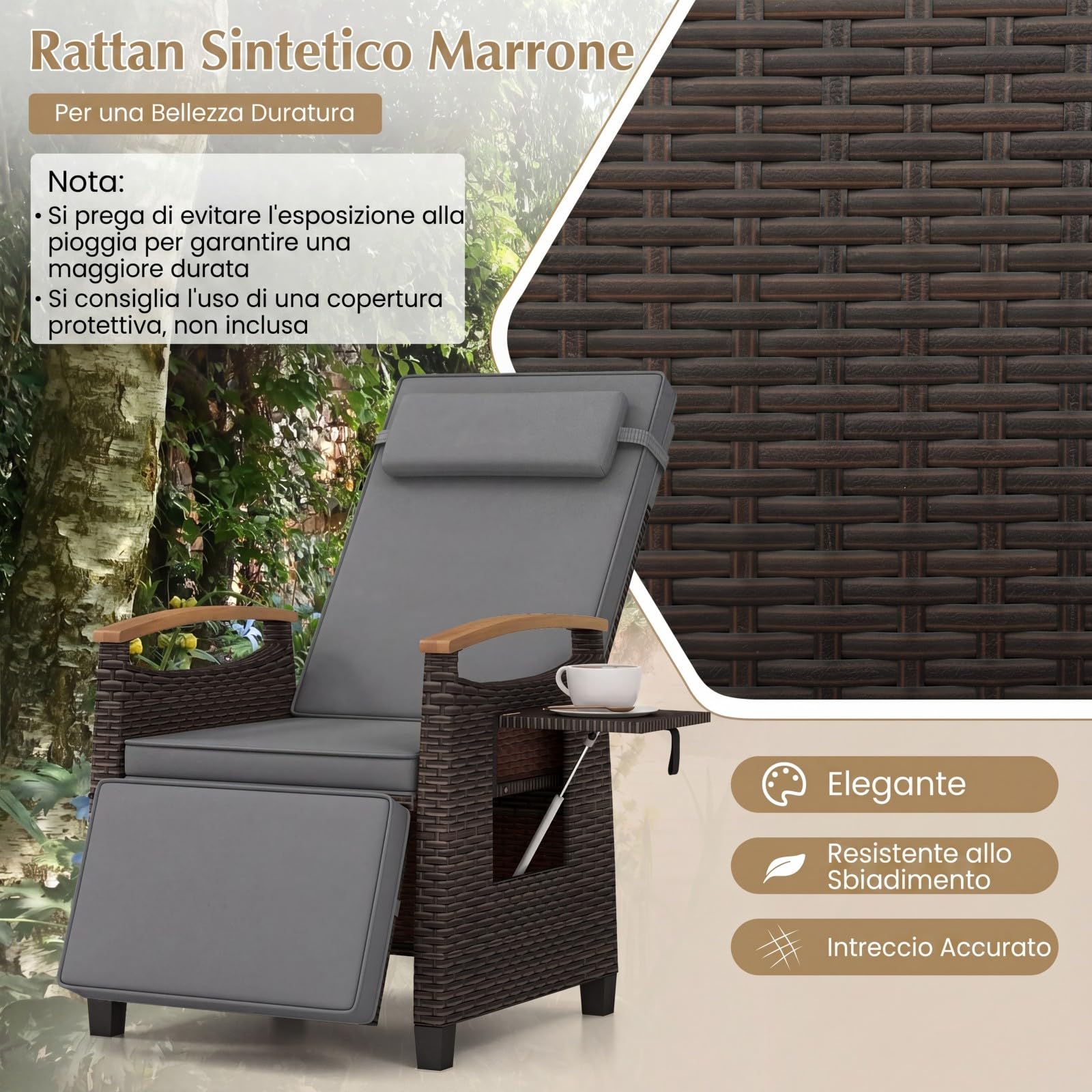 COSTWAY Poltrona Reclinabile da Giardino, Sedia Relax Esterno in Rattan con Schienale Regolabile a 150°, Poggiapiedi e Tavolino Pieghevole, Portata 180 kg, per Patio, Cortile e Terrazzo (Grigio,1)