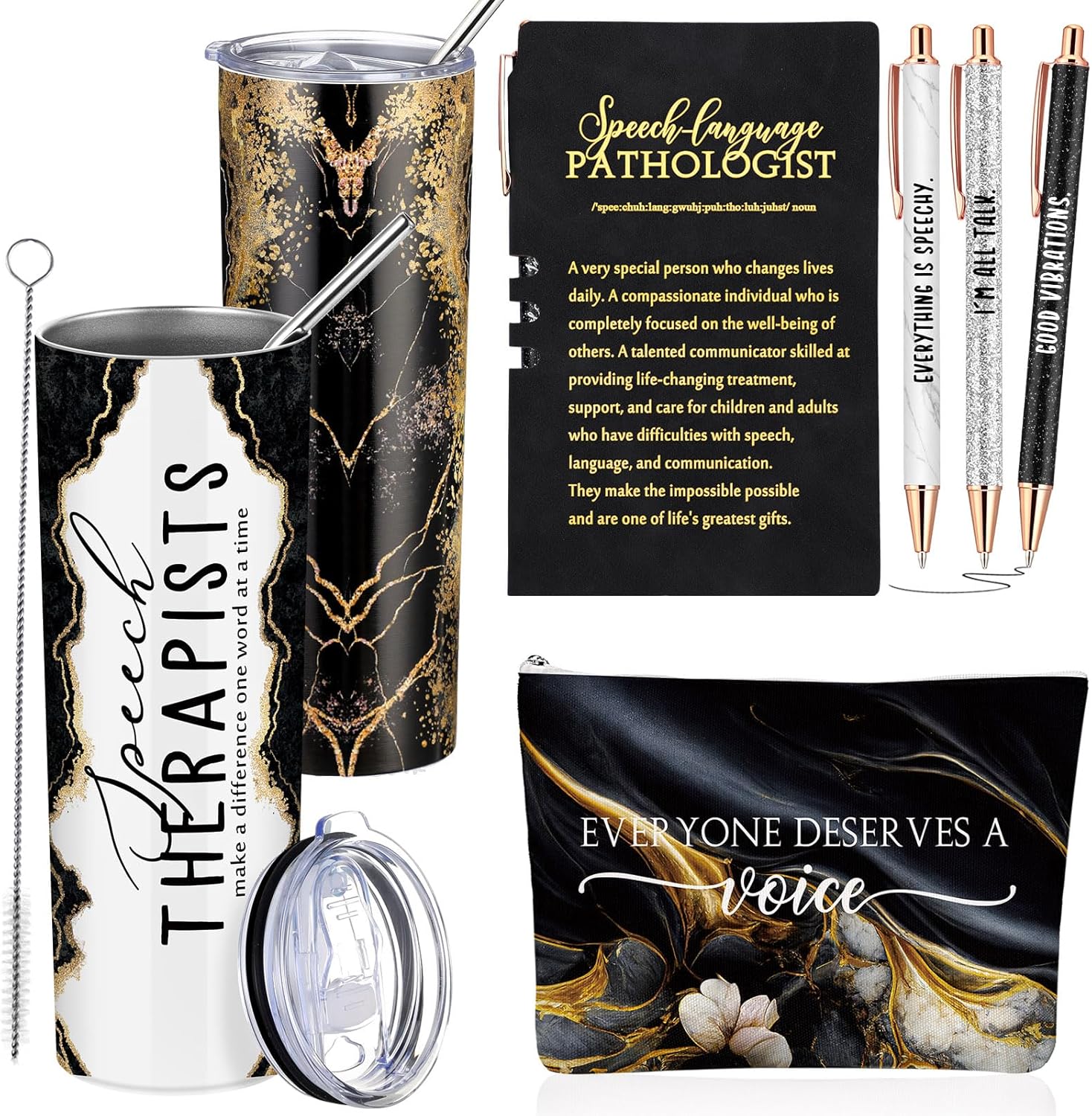 6 Pcs Speech Language Pathologist Gifts Set Speech Therapist Gift Slp Must Haves Notebook Tumbler Makeup Bag Ballpoint Pen Essentials for Women Graduation Retirement Birthday Therapy Gifts(Black)