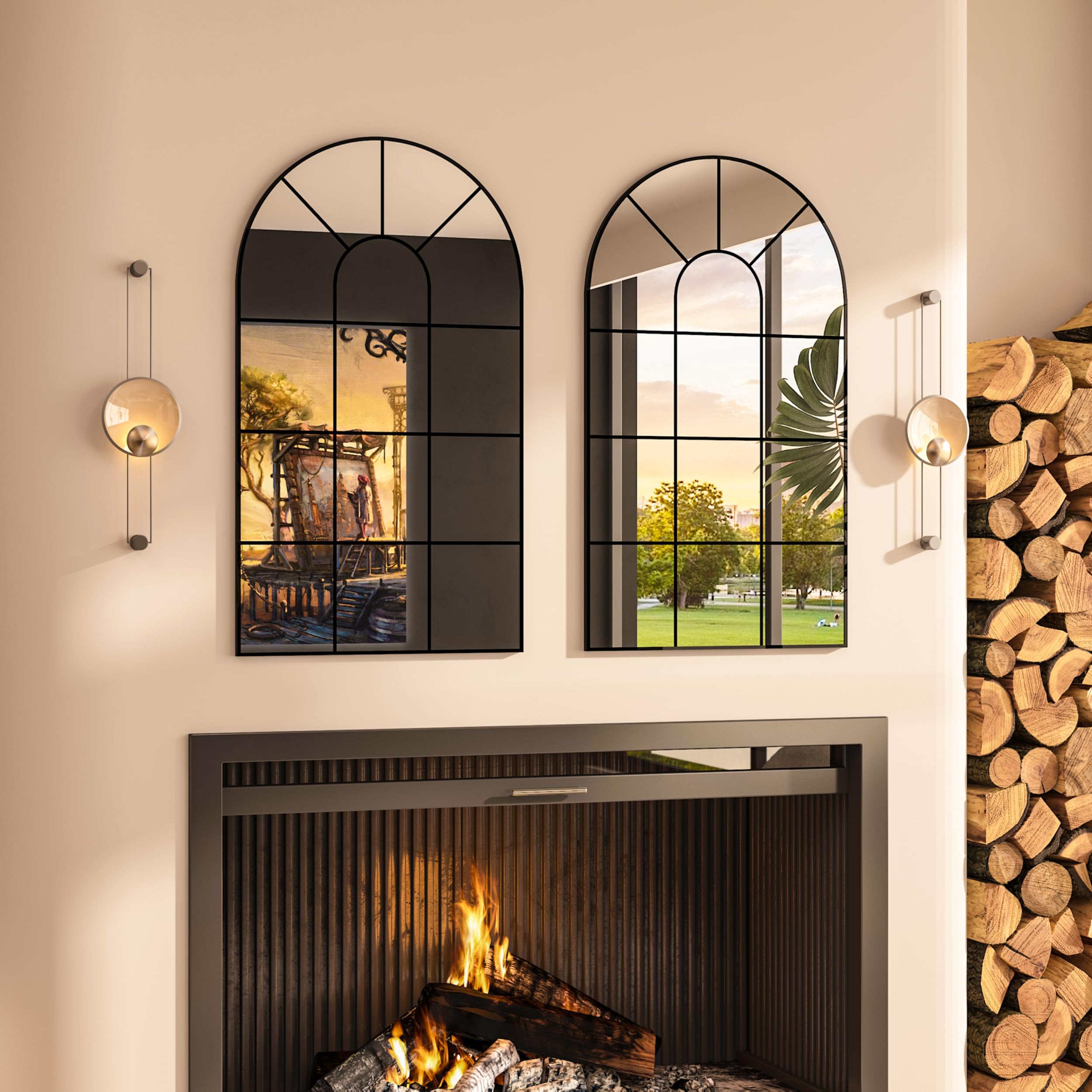 Gewölbte Fenster Wandspiegel, 80x50cm, dekorativer Spiegel, Eitelkeitsspiegel für Badezimmer, Schlafzimmer, Wohnzimmer, Fensterscheibe Spiegel, Bauernhaus Spiegel für Wand Dekor, Schwarz