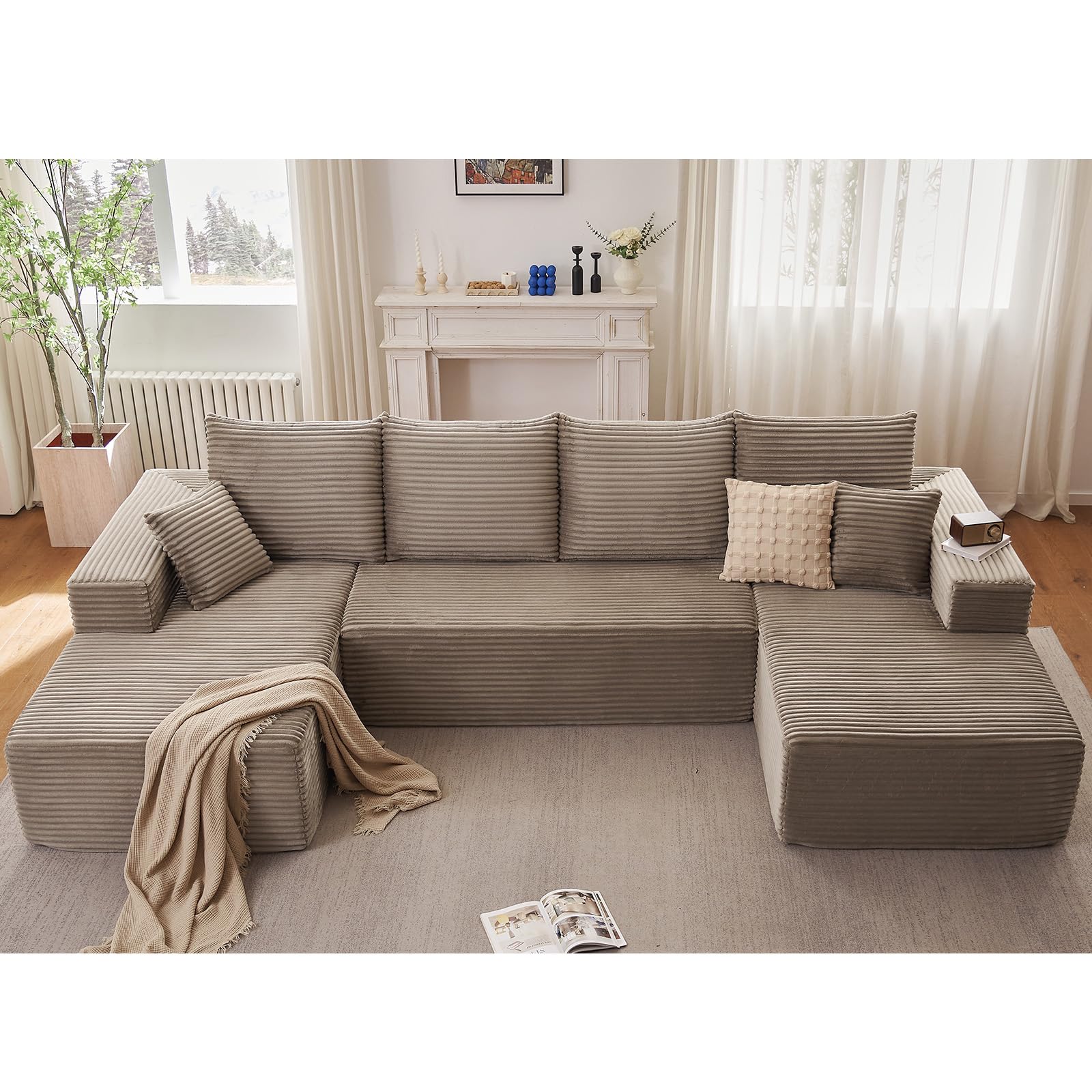 Sectional Cloud Couch for Living Room, Stupendous U Shaped Sofas, Modular Floor Deep-Seat Sofa, Big Comfy Corduroy Couches Set with Fluffy Memory Foam, No Assembly Required, Camel