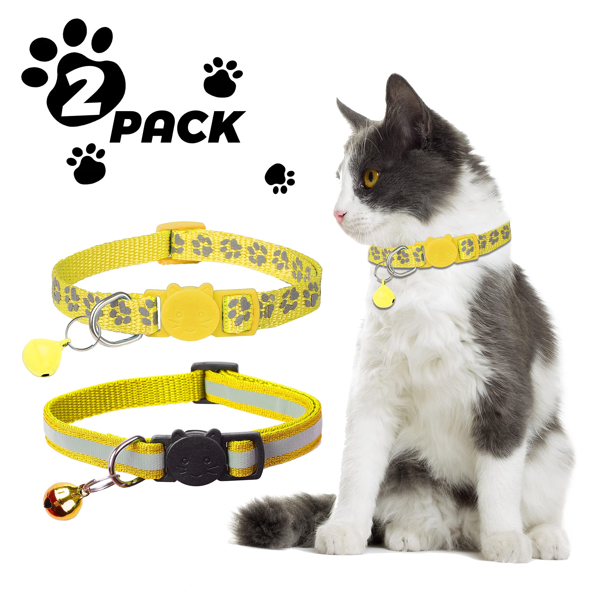 Paquete de 2 collares reflectantes para gatos con campana, collares personalizados para gatitos, collar de hebilla de seguridad ajustable para gatos machos, niñas y niños (amarillo)